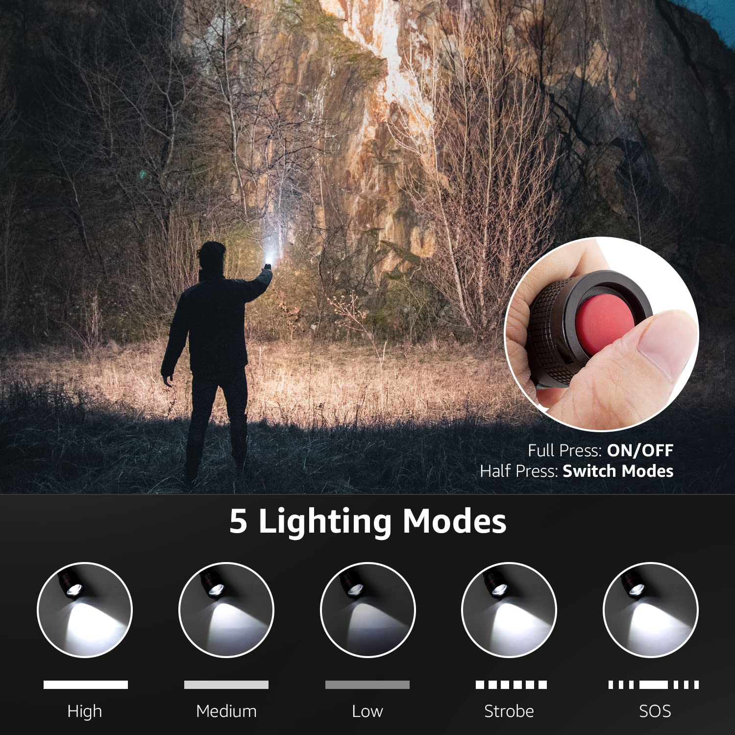 Lepro LED Flashlight LE2000 - High Lumen, 5 Modes, Zoomable, Waterproof, Black, 2 Pack, AAA Battery Powered