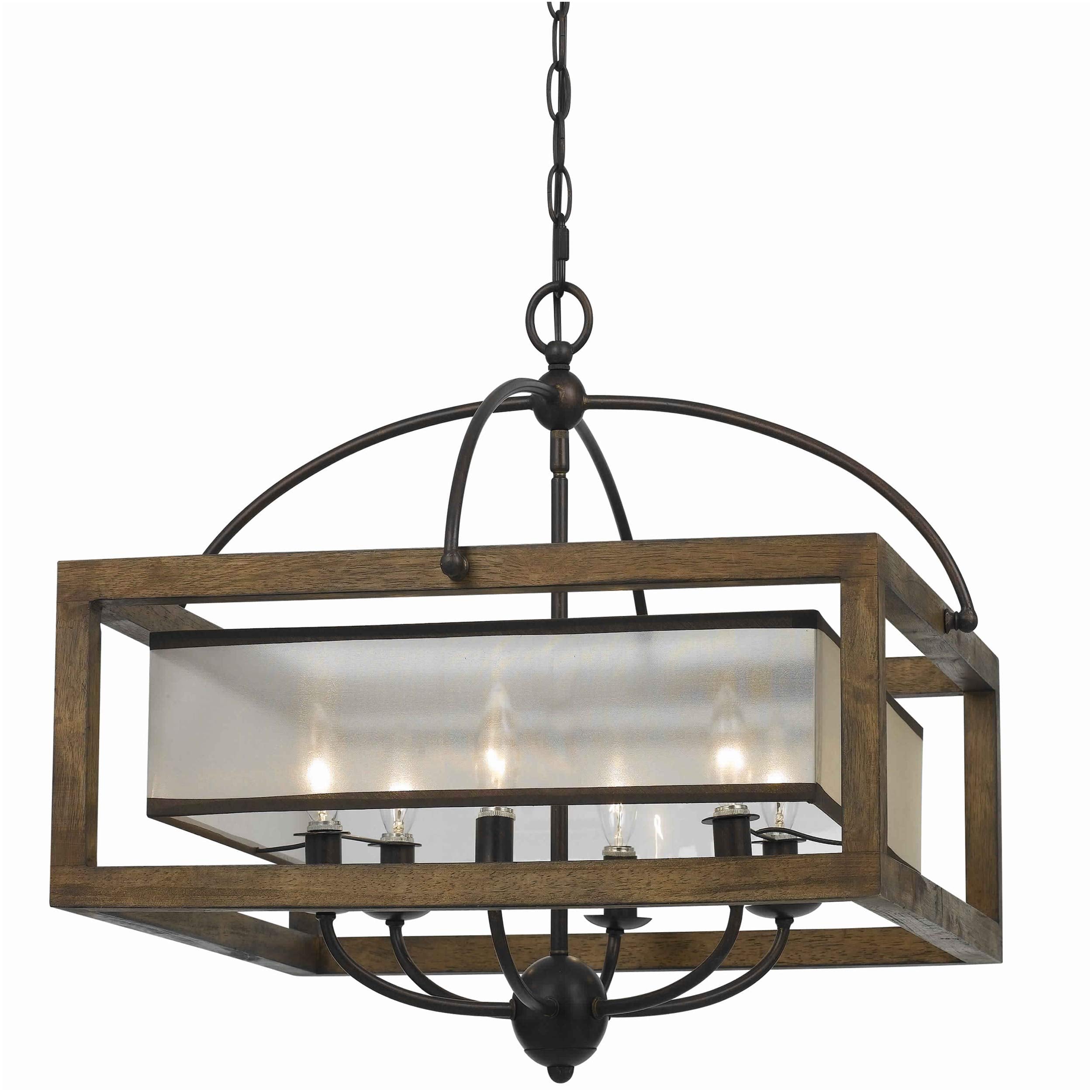 Benjara 6 Bulb Square Chandelier With Wooden Frame And Organza Striped Shade, Brown