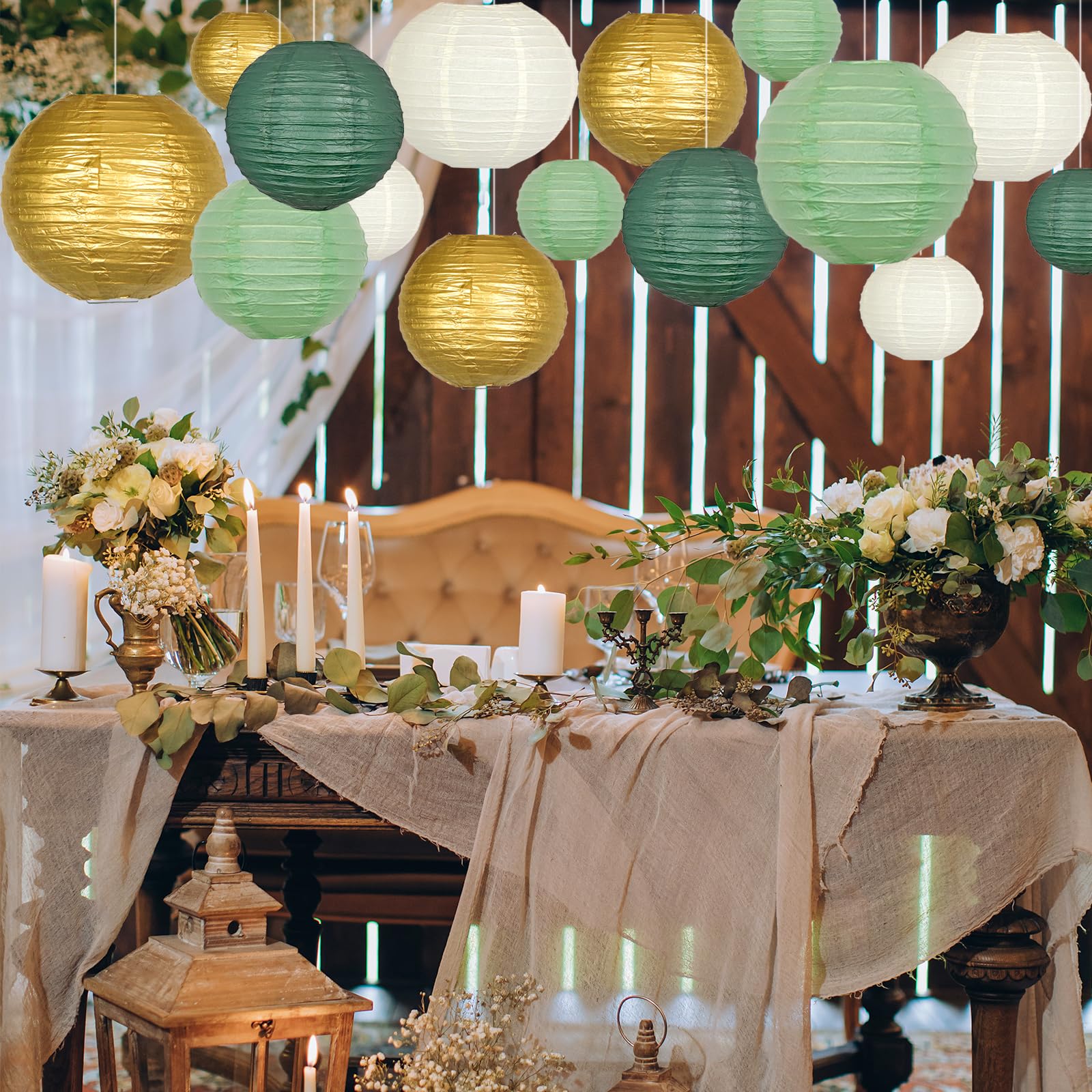 Adlkgg Sage Green Gold Paper Lanterns Decorative, Round Hanging Paper Lanterns For Graduation Wedding Bridal Shower Birthday Par