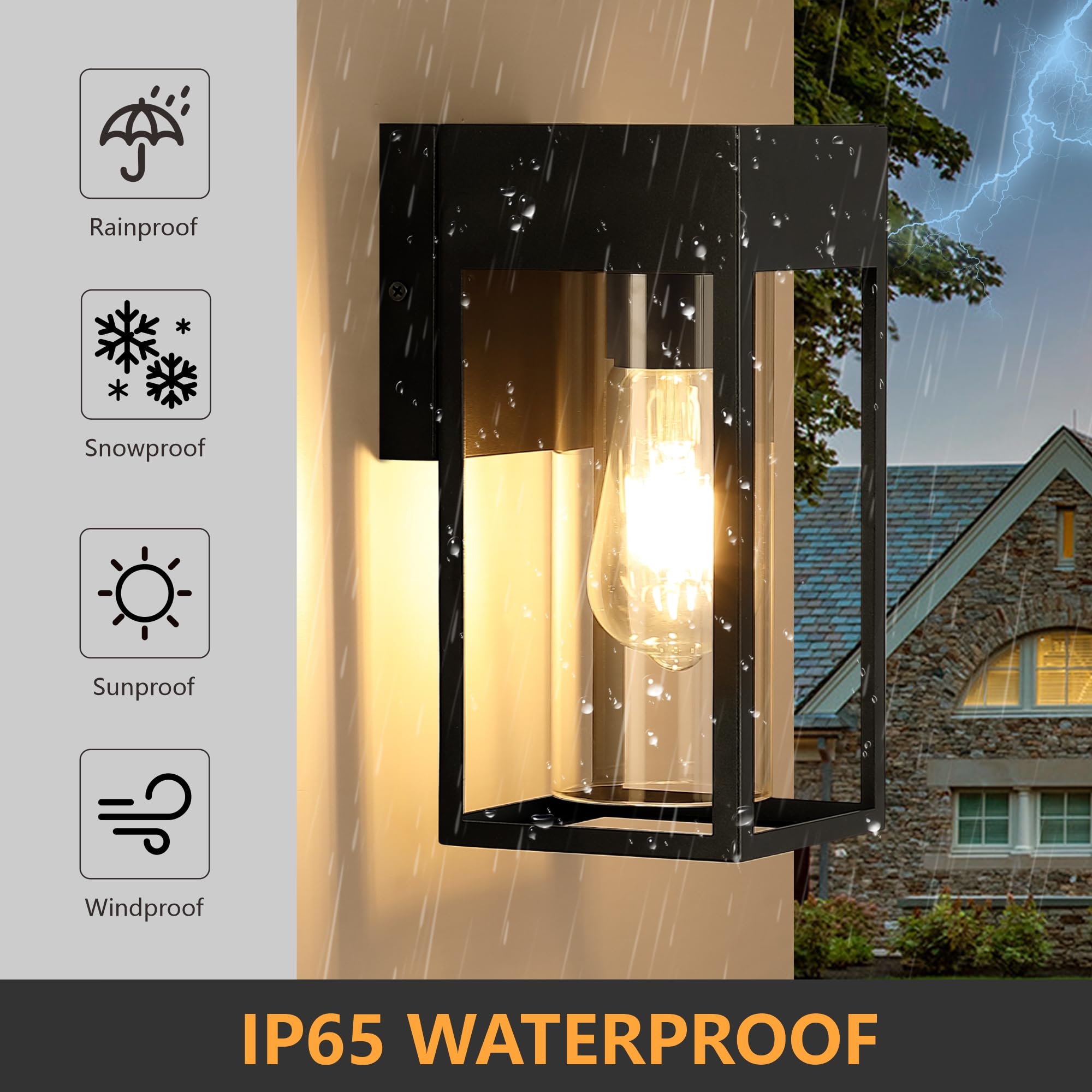 DAKAFUL Outdoor Wall Light Fixture - 2-Pack Modern Sconce with E26 Sockets & Glass Shades, Black for Porch, Patio, Garage Door