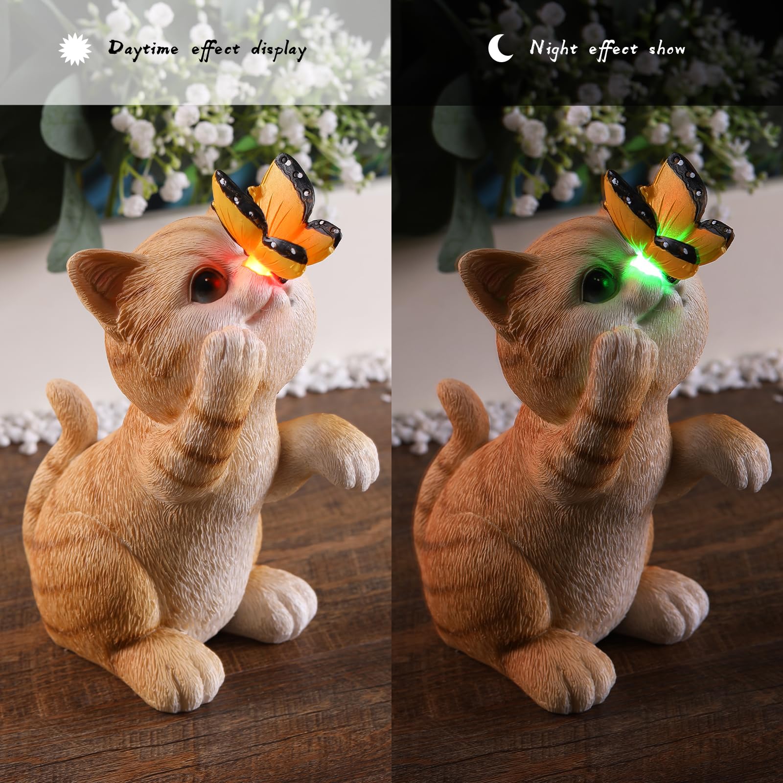 Halpssfm Solar Garden Statue Cute Cat Figurine Fun Color Changing Led Butterfly Light Outdoor Decor Waterproof Resin Sculpture P