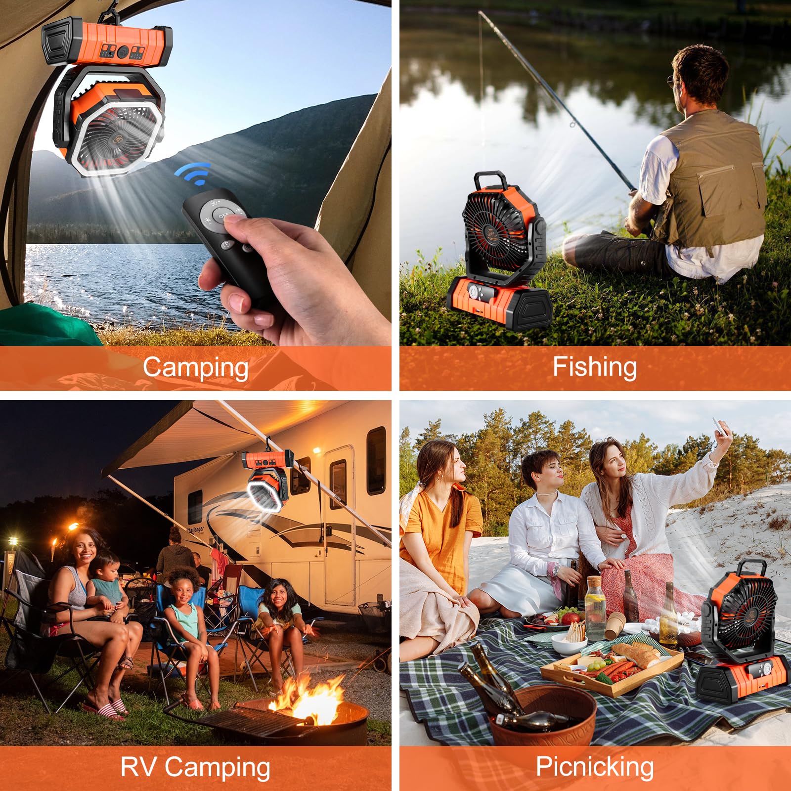 Odoland 30000mAh Camping Fan with LED Lantern, Portable, 4 Speeds, 11.2x8.7x4.3 inches, Orange, Model OD06671O