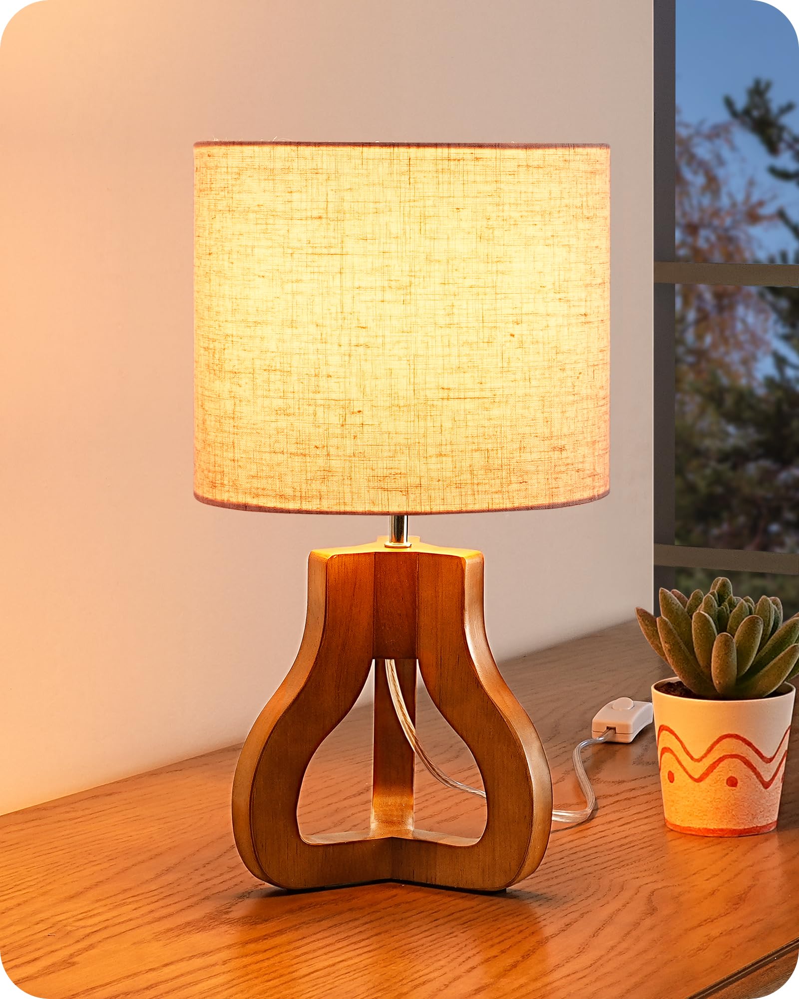 EDISHINE 14.6 Modern Table Lamp, Rose Wood Tripod Nightstand Lamp for Bedroom, Beige Linen Shade, Small Cute Bedside Lamp for Li