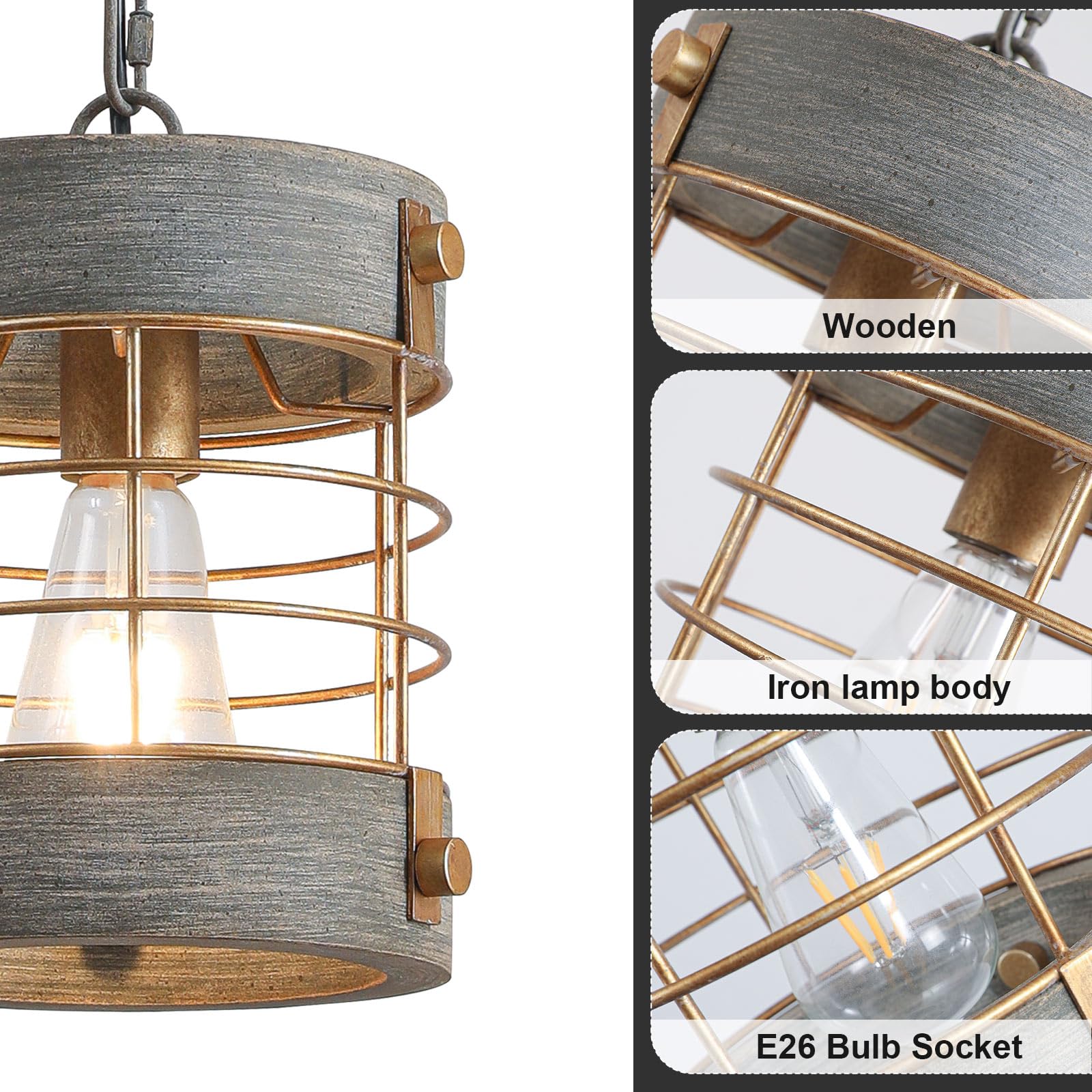 Wochos Retro Industrial Metal And Wood Chandelier 1-Light Round Cage Pendant Light Fixture For Kitchen Island Foyer Hallway Bar