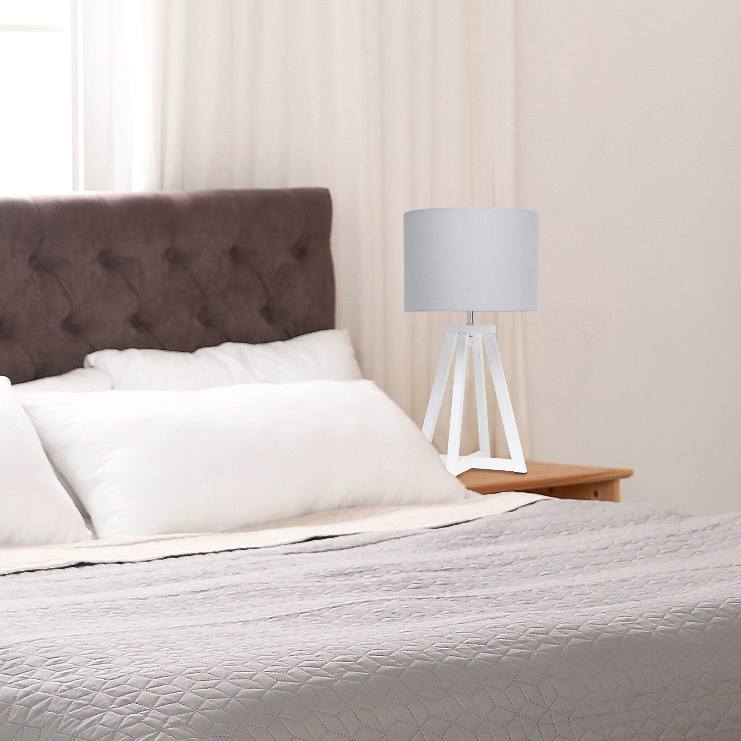 Simple Designs Lt1069-Whg Interlocked Triangular White Wood Table Lamp With Gray Fabric Shade