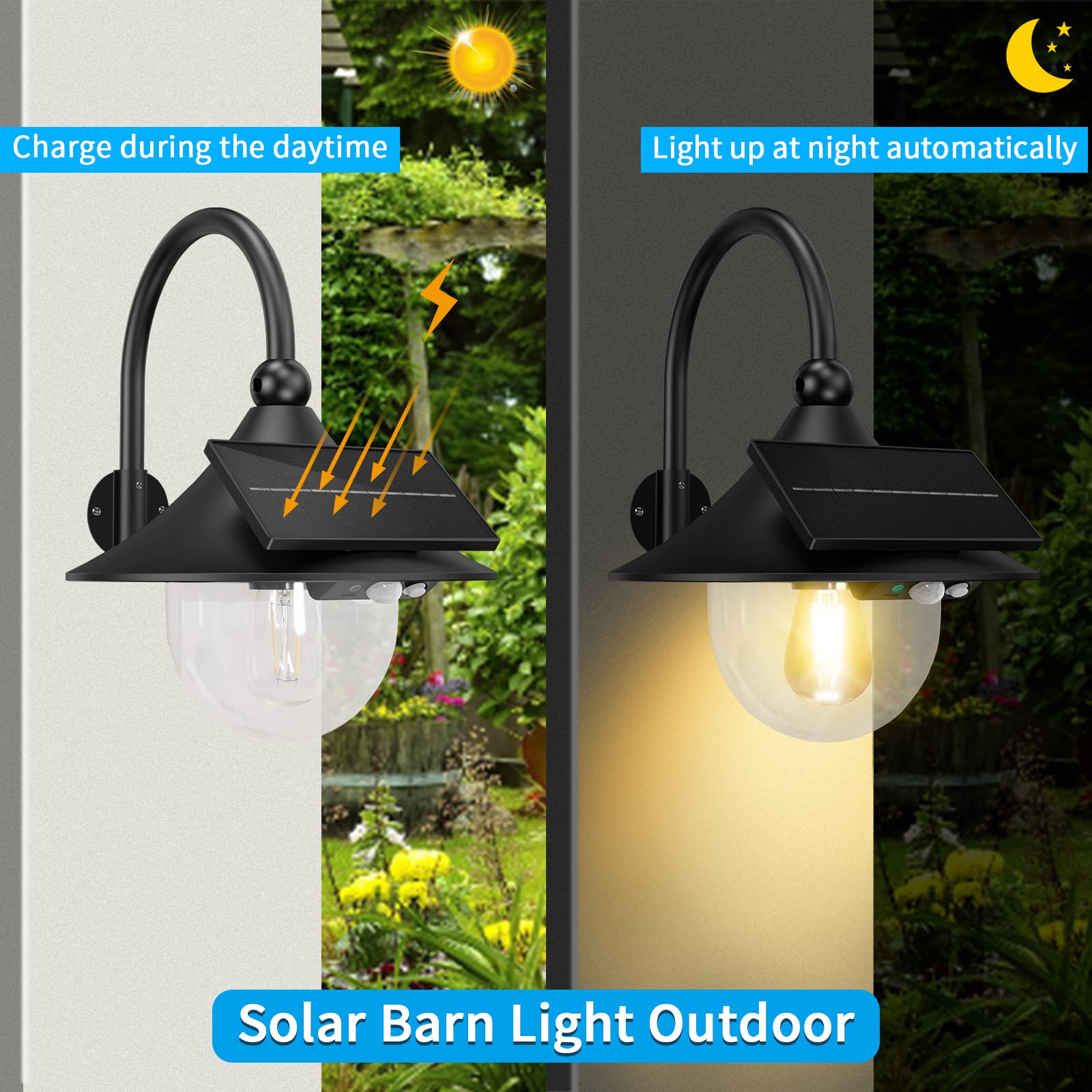 Aqonsie Solar Barn Lights Outdoor, 3 Lighting Modes, Motion Sensing, Black (2 Pack), Waterproof Metal Wall Mount