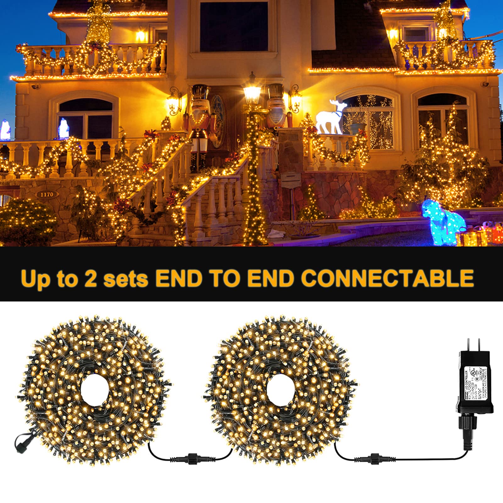 Vtechology Christmas String Lights Outdoor Indoor Christmas Tree Lights Ul Certified Memory Function With End-To End Plug (500Led  Warm White)