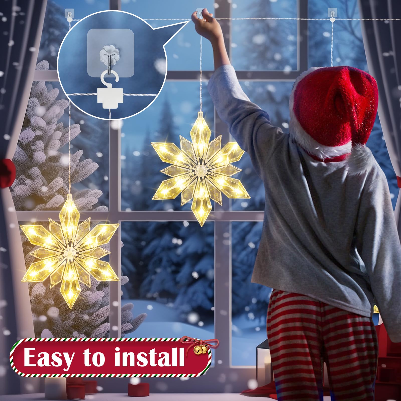 Quntis 34'' Christmas Snowflakes Window Lights Battery Operated, 3 Pack 36 LEDs Snowflake String Lights with Timer Memory, 8 Twi