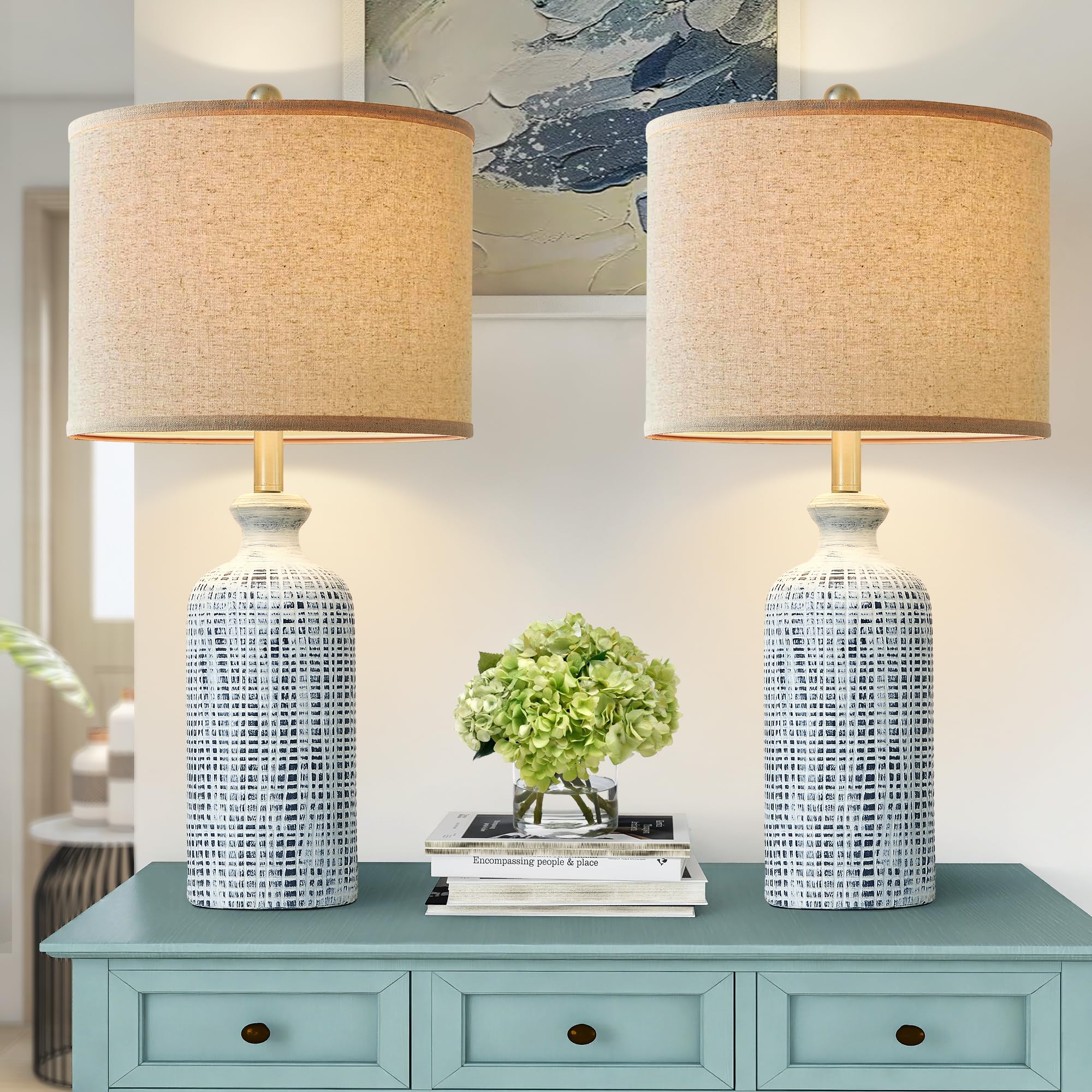 Ireliare Living Room Lamps Set of 2, 25.8'' Ceramic Table Lamps for Bedrooms with Linen Shade, Modern Farmhouse Lamps for Nights