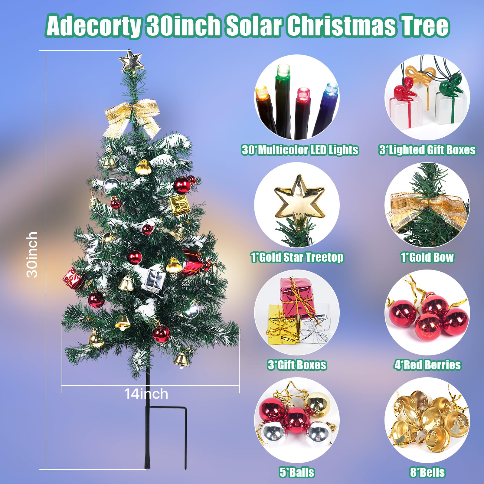 Adecorty Solar Christmas Tree Decorations 2 Pack, 60 LED, 30Inch Mini Prelit, Multicolor, Model ADT-Solar Christmas Tree 2P
