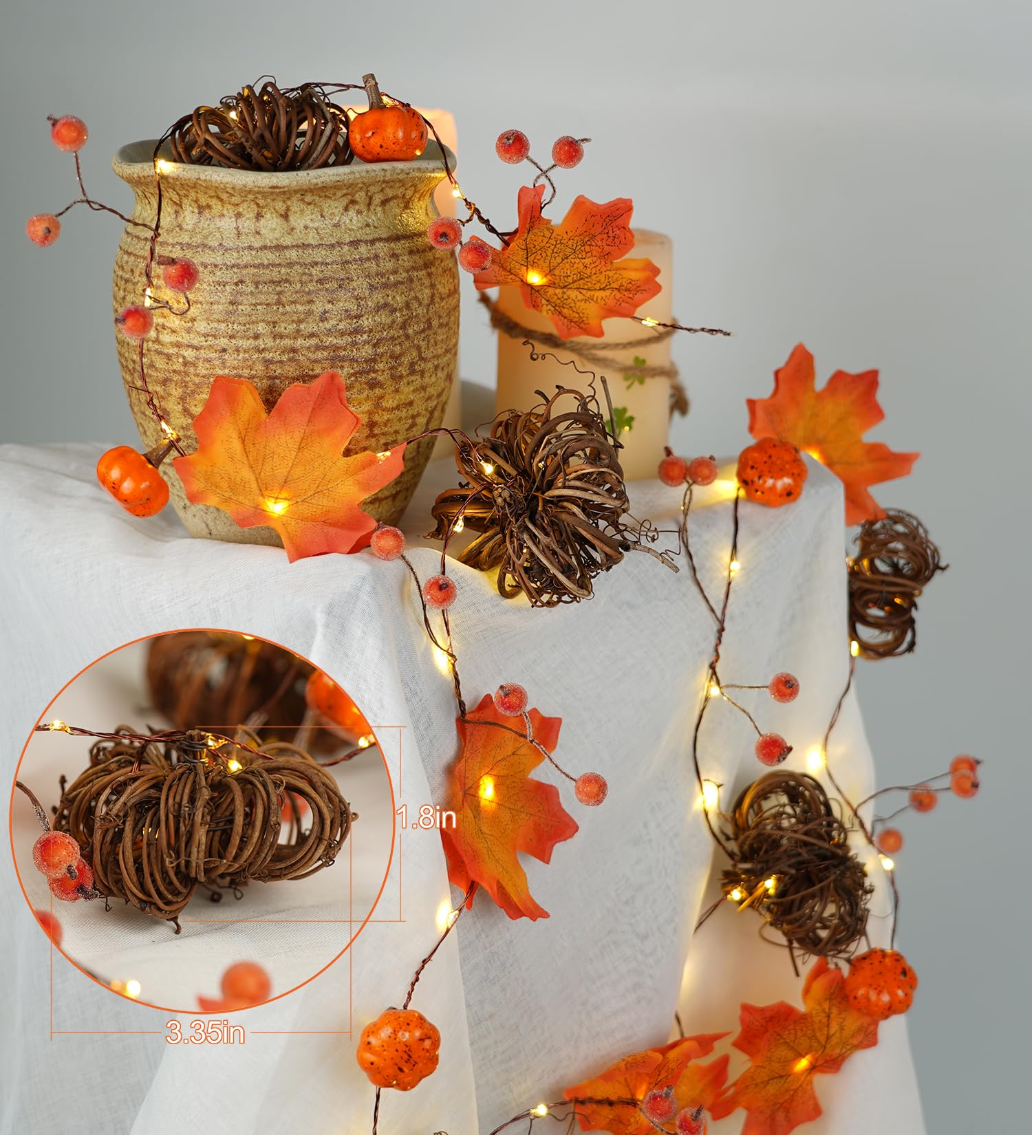 BOHON Rattan Pumpkin String Lights 6.6ft 60 LEDs Battery Operated Fairy Lights for Thanksgiving Autumn Decorations - Orange