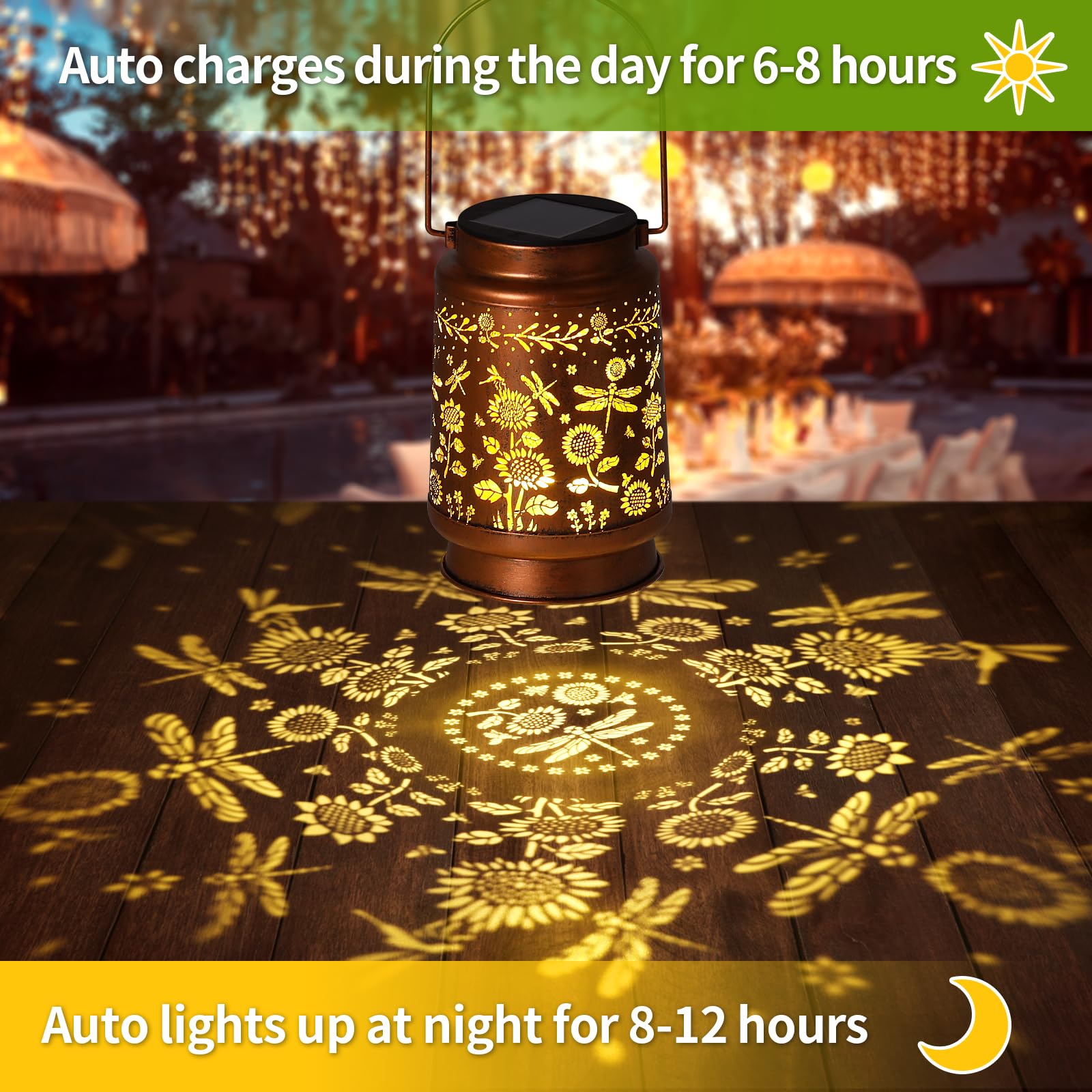Kaakuuki Solar Lantern - Outdoor Waterproof Metal LED Light, Bronze Color, Model HW12, for Garden, Patio, Lawn, and Pathway Decor