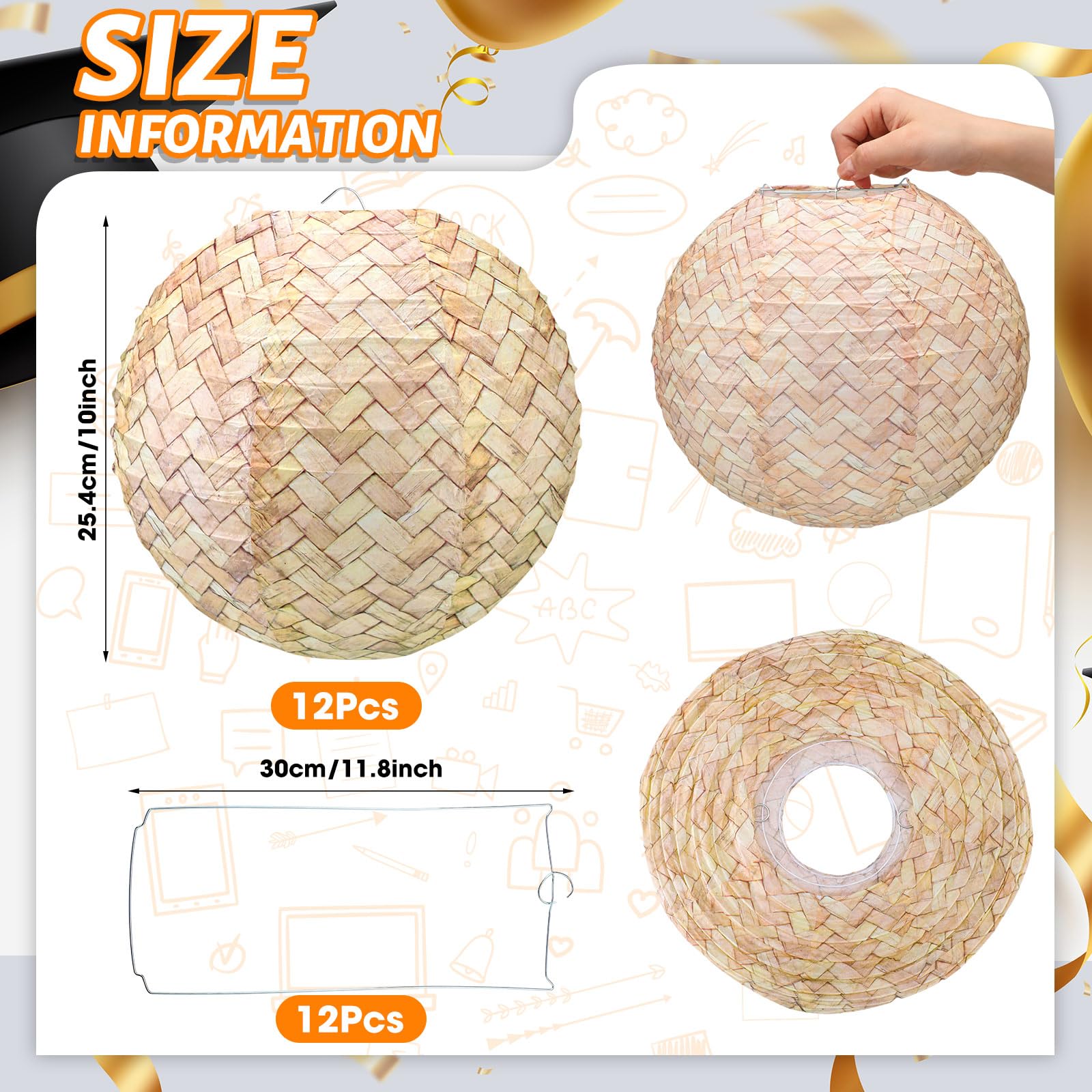 Retisee 12 Pcs 10 Inch Print Woven Paper Lanterns Burlap Paper Lanterns Round Hanging Chinese Decorative Farmhouse Boho Party De