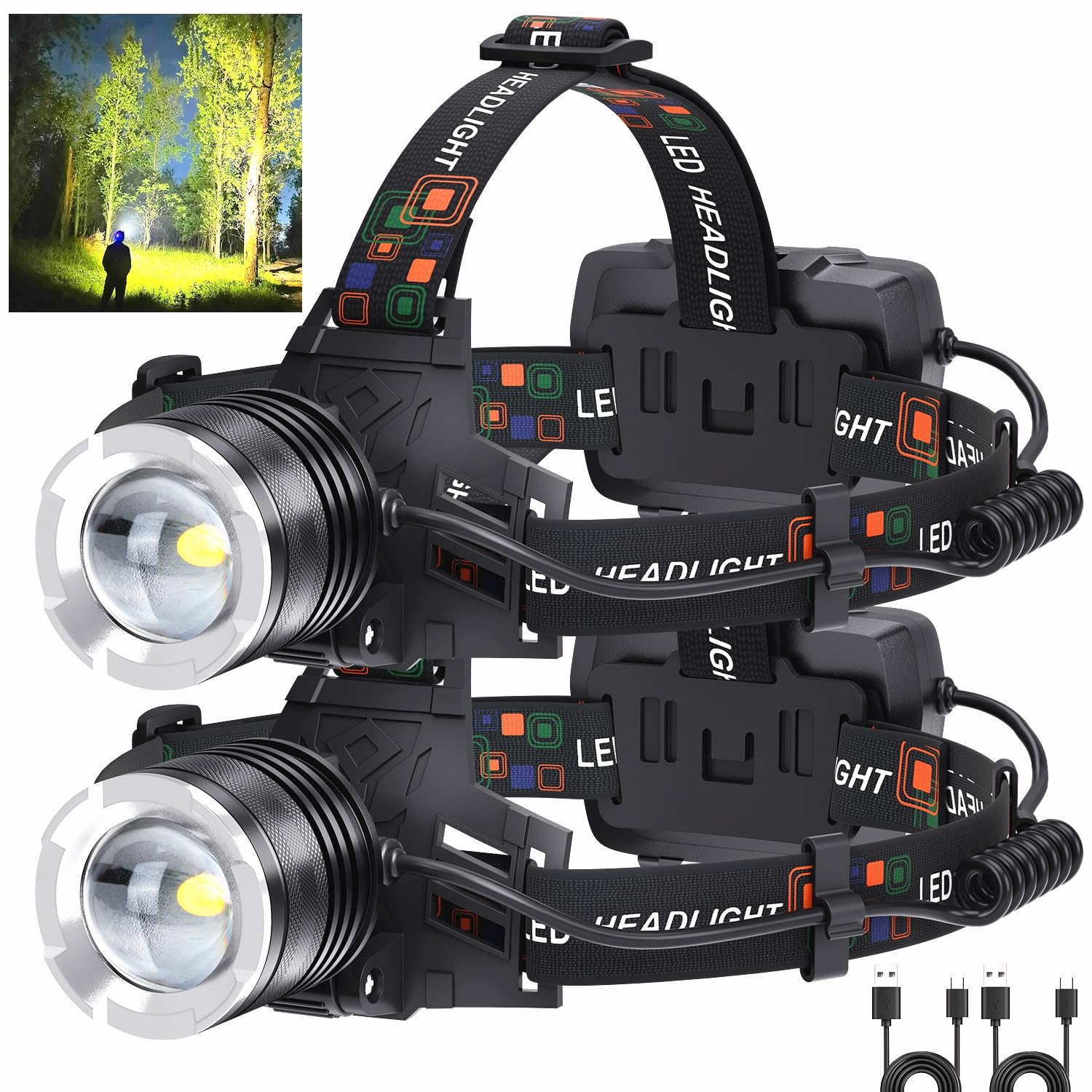 Led Rechargeable Headlamp 2 Pack, 990000 Lumens Head Lamps (Include ?Attery) Super Bright Long Distance Headlamps With 5 Mode Wa
