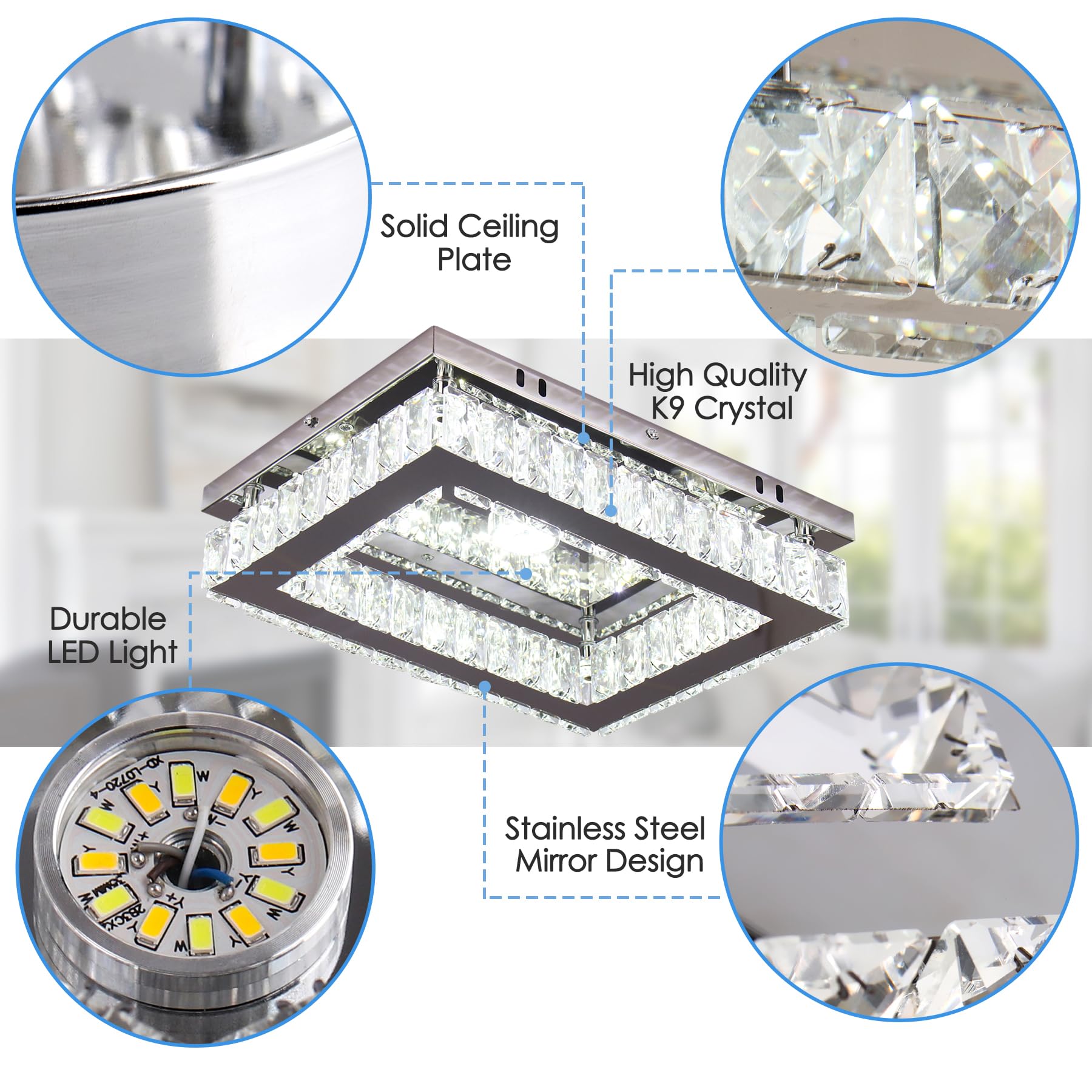 Finktonglan Dimmable Led Crystal Ceiling Light, Rectangular Stainless Steel Chandelier Fixture
