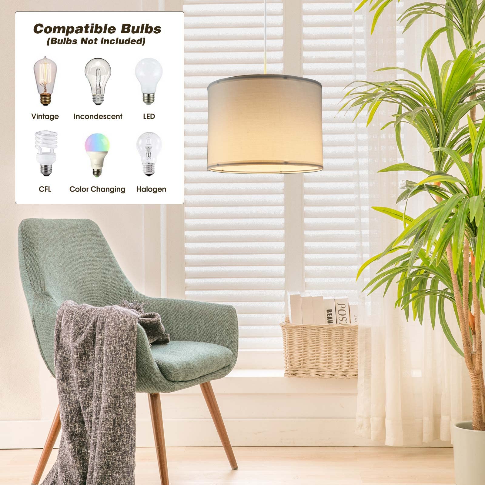 Kuaugst Plug In Pendant Light, 15 Ft Hanging Lamp With Plug In Cord, On/Off Switch, Pendant Lighting With Fabric Shade, Hanging