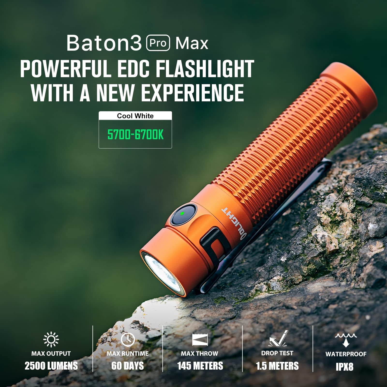 Olight Baton3 Pro Max Flashlight, Rechargeable Compact Edc With Safety Proximity Sensor, 2500 Led High Lumens, Suitable For Camp