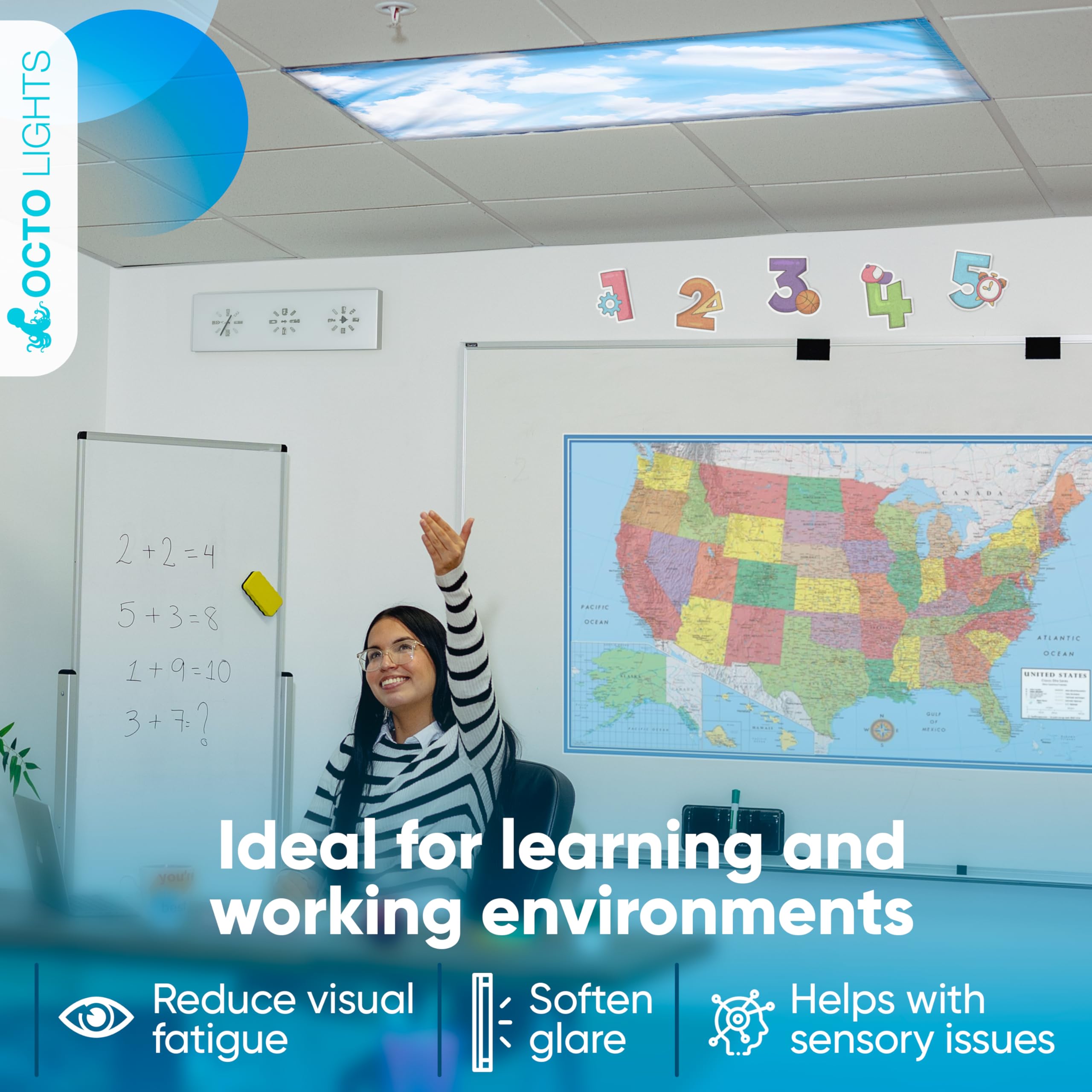 OCTO LIGHTS Fluorescent Light Covers - Magnetic 2x4 Polyester Cloud Cover - Calming Clouds - Model Cloud 001, 4 Pack