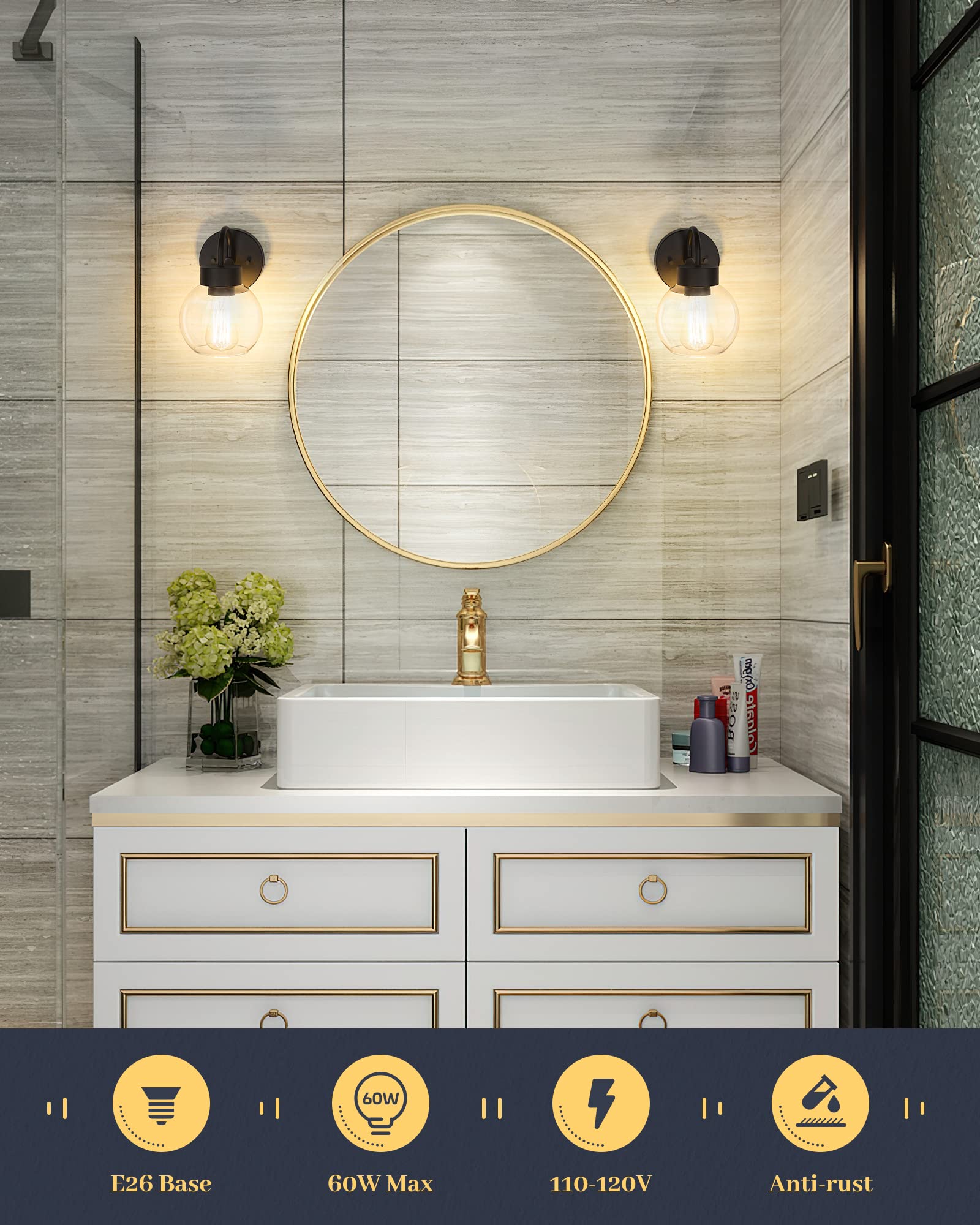 EAPUDUN 1-Light Bathroom Light Fixture, Matte Black, Globe Clear Glass Shade, Model WLA1433-MBK