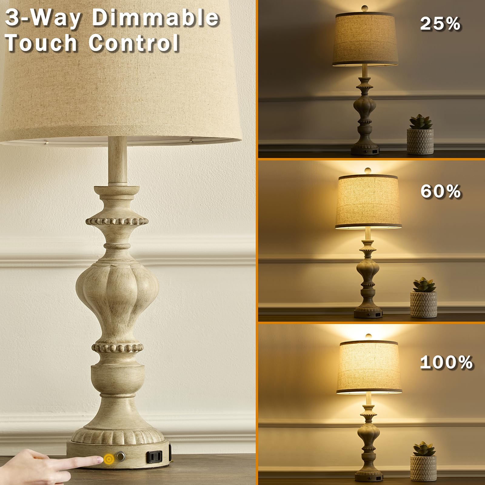 SAIWEYA 27.5" Farmhouse Table Lamps Set of 2, Touch Dimmable, USB & AC Outlet, Gray, Model TM-T03
