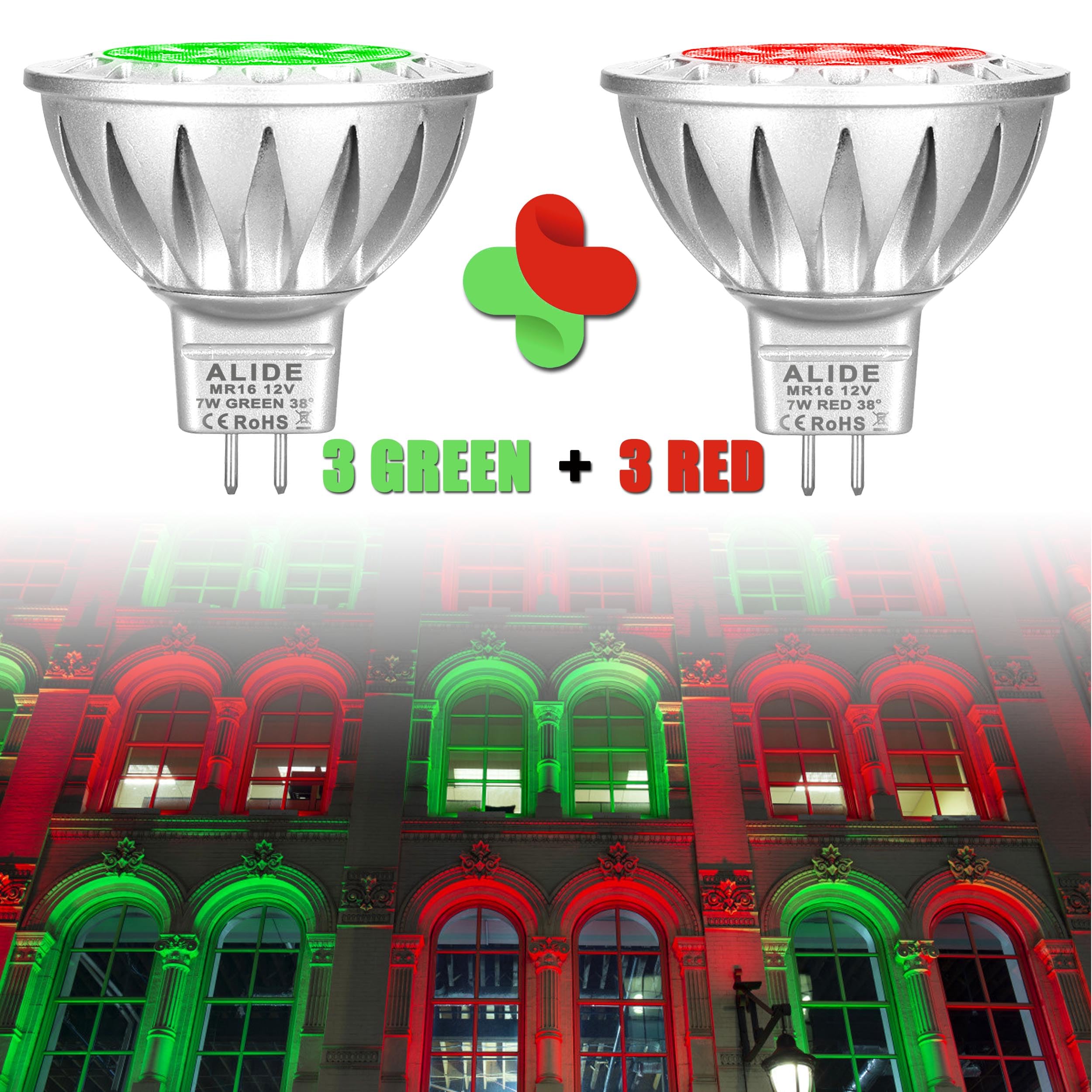 Alide Led Bulbs  7W Mr16  Red Green  38 Deg  6 Pack Mix  Replace 50W-75W Halogen  Low Voltage Ac/Dc12V  Gu5.3 Base  For Christmas Holiday Decoration  Outdoor Landscape Lighting