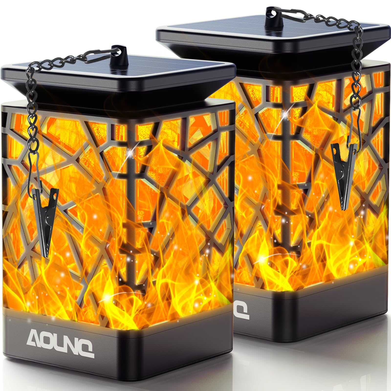 AOUNQ Solar Lanterns Outdoor Waterproof 2 Pack - Upgraded Hanging Solar Lights with 99 LEDs Flickering Flames for Garden Patio Y