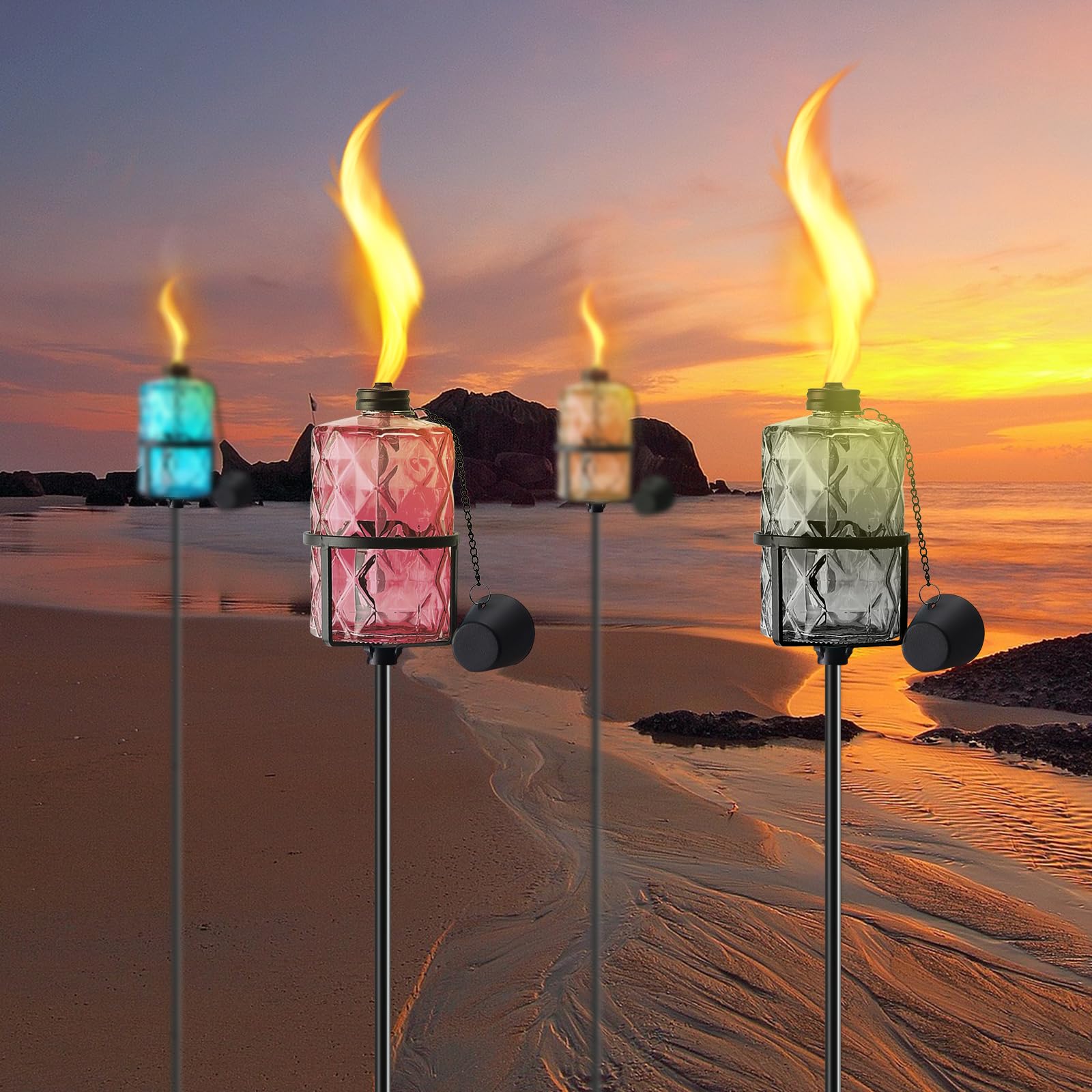 4 Pack Colorful Glass Garden Torch 12 Oz Outdoor Torch Garden D  Cor,60-Inch Upgraded Citronella Torches With 3-Prong Grounded S