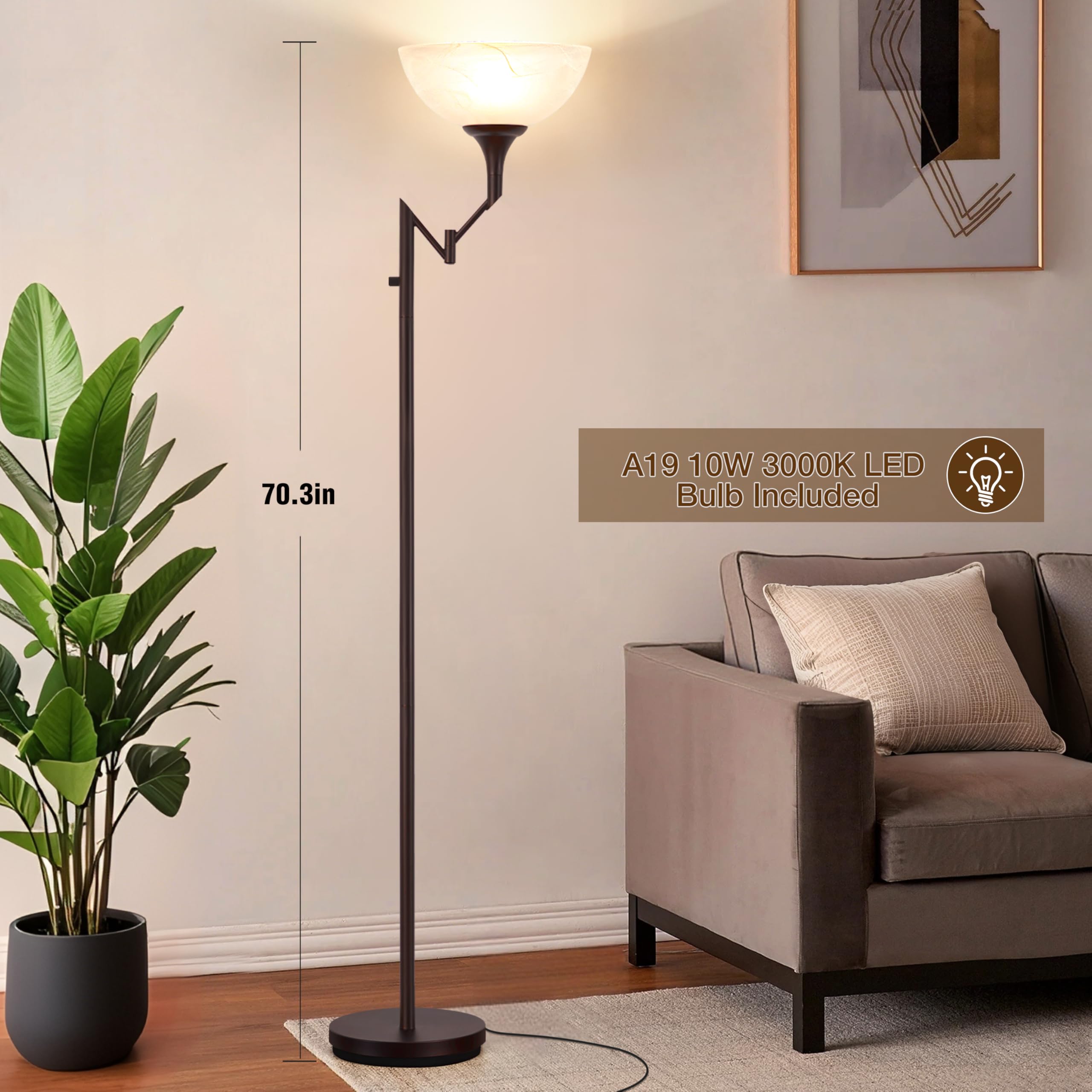 EJIAXIN 70" Bronze Floor Lamp with Glass Shade, Adjustable Swing Arm, Vintage Design for Living Room, Bedroom, Office - Bulbs Included