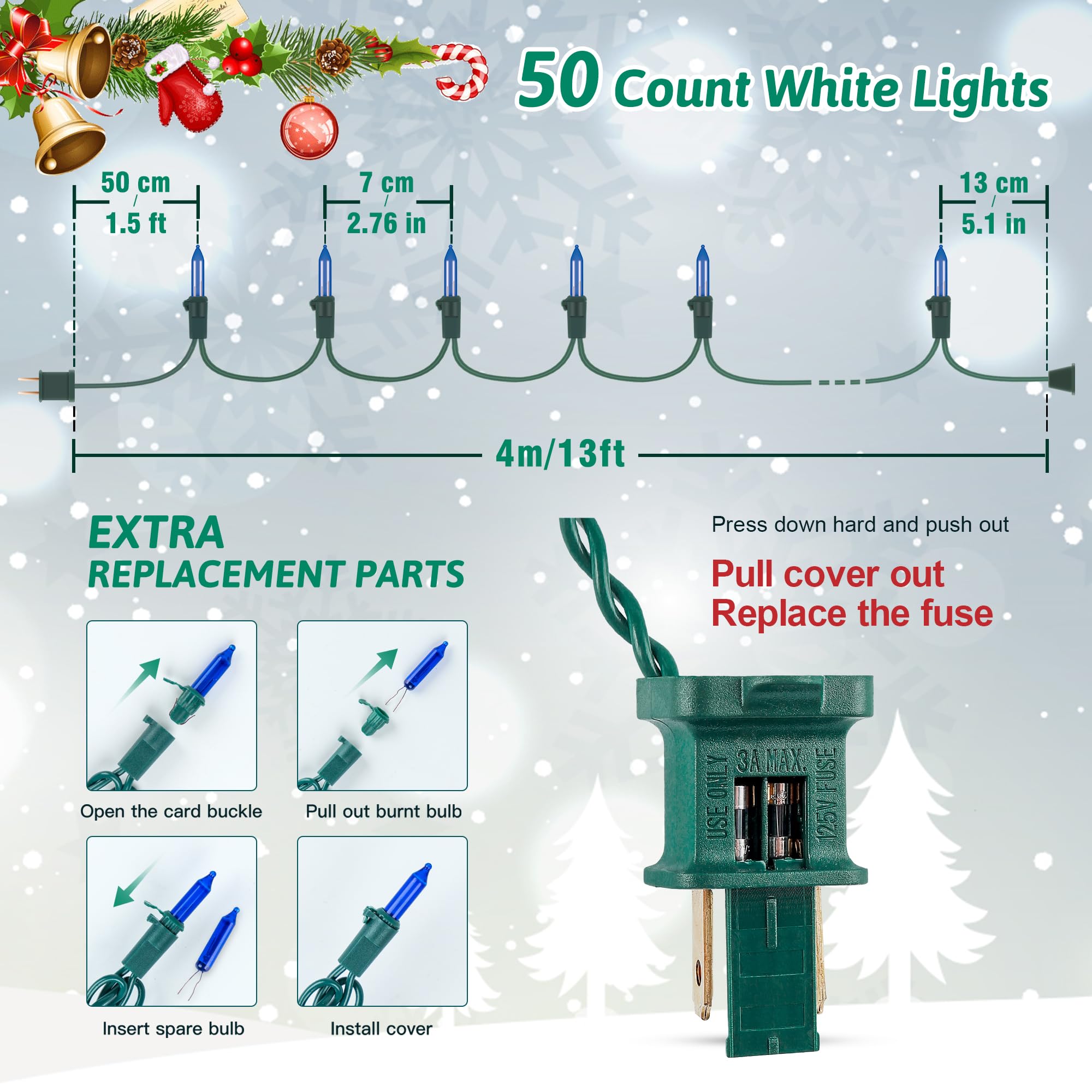 HEYFUNi Christmas String Lights, 50 Count, Blue Incandescent, 13Ft Green Wire, Indoor/Outdoor Holiday Decoration