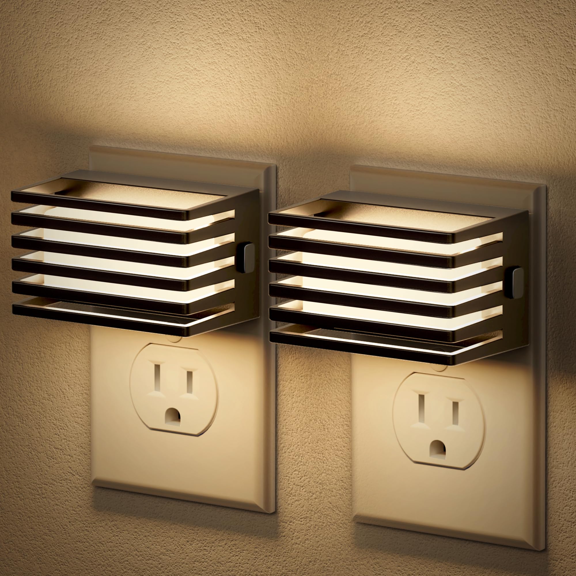 JandCase LED Night Light 2 Pack, Dimmable with Dusk to Dawn Sensor, 3000K Soft White, Warm Black Shade, Model C-GY14002US-2