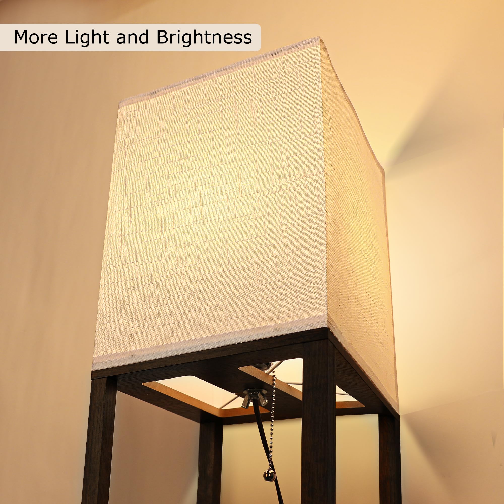 Floor Lamp With Shelves For Living Room Natural Wood, Shelf Floor Lamp With 3 Cct Led Bulb, Corner Display Standing Column Lamp