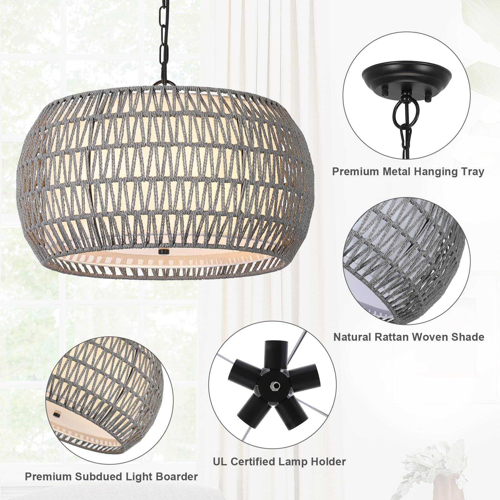 Farmhouse Chandelier Light Fixtures,5-Lights Rattan Dining Room Light Fixture,Woven Boho Chandeliers For Dining Room With Fabric