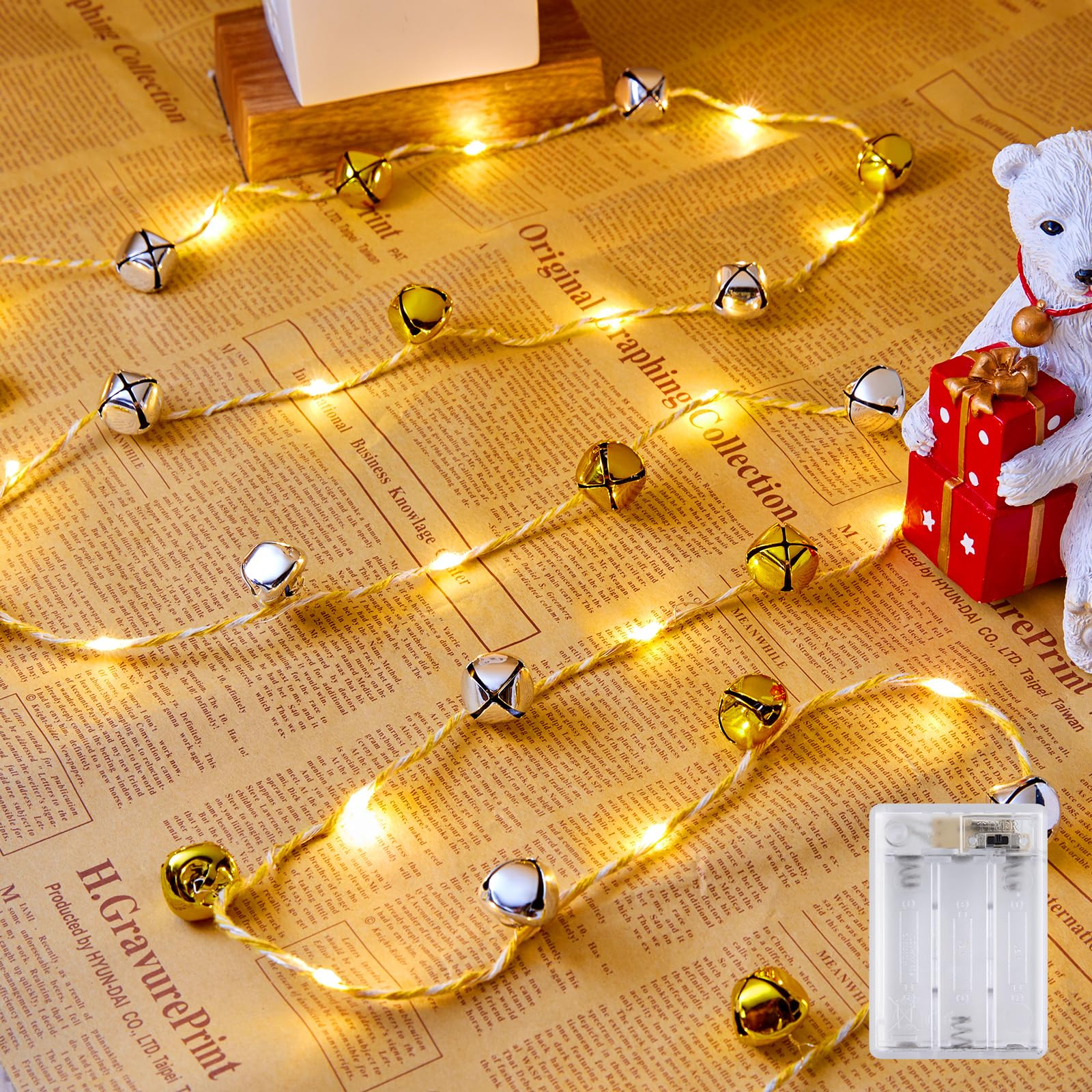 20 LED Christmas String Lights, 7.2 Ft Battery Powered Jingle Bell Lights for Christmas Winter Festival Indoor, Xmas Tree, Fireplace, Gift Decor, Gold/Silver Bells
