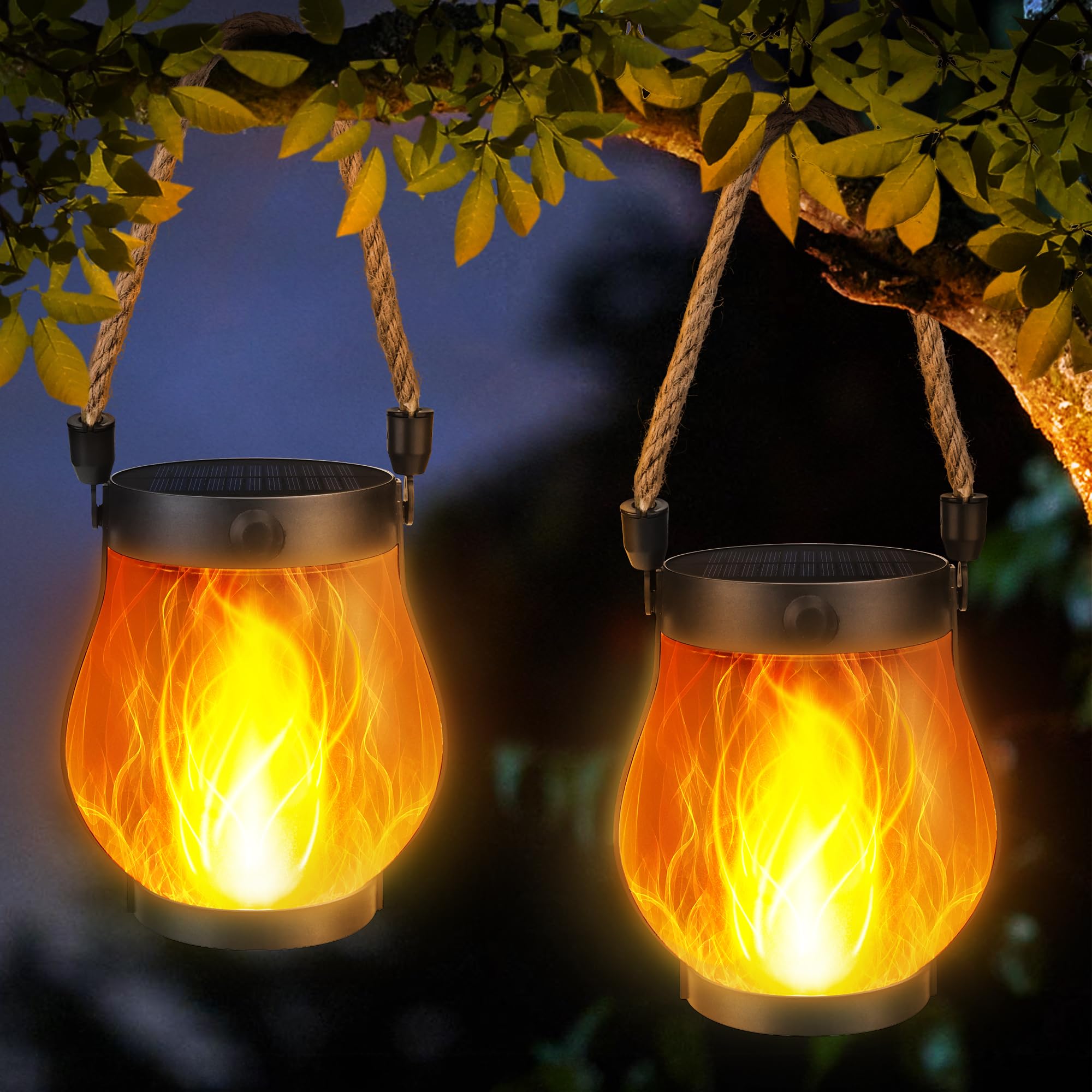 Ibaycon 2 Pack Solar Lanterns Lights  Halloween Flickering Flame Garden Lights With 2 Modes Dual Charging Usb & Solar  Outdoor Waterproof Hanging Lantern For Party Holiday Halloween Decor (Warm White)
