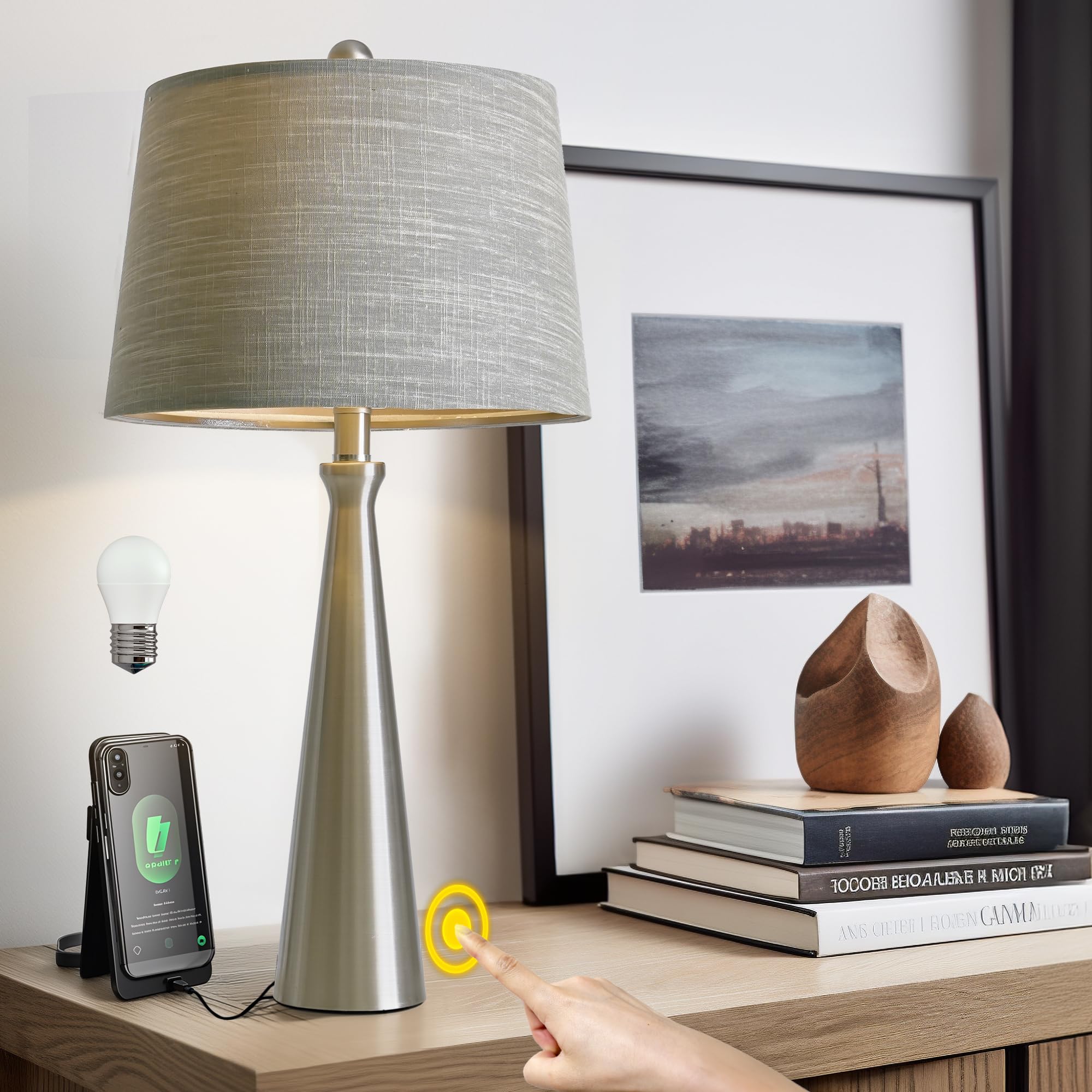 Oneach 25.75'' Table Lamps for Living Room Bedroom, Bedside Lamp 3-Way Dimmable Touch Control, Modern Silver Nightstand Light Fa