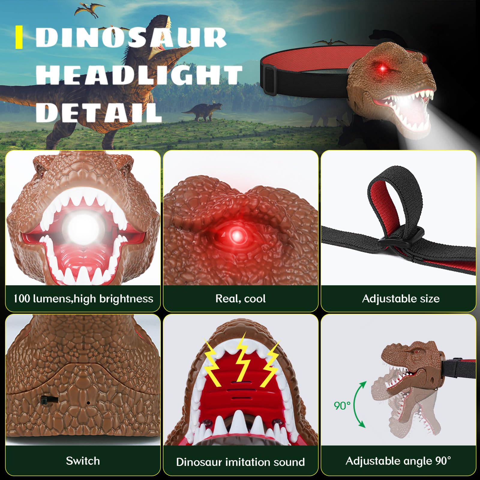 Dysaim Dinosaur Headlamp For Kids Head Lamp Outdoor Camping Essentials Gear Flashlight, Dinosaur Toys Headlight For Boys Girls,