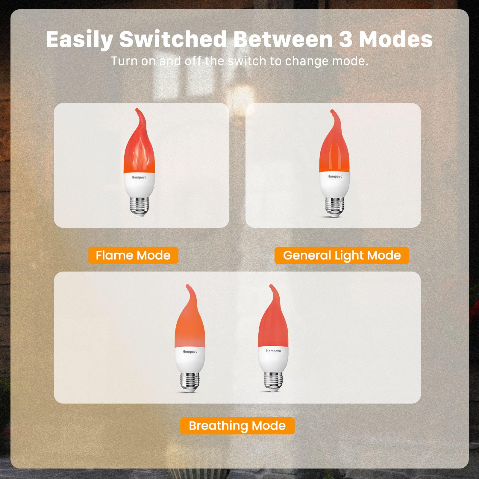 Hompavo LED Flame Light Bulbs, 3 Modes, E26 Chandelier Base, Red, 6 Pack, Model HPFLE26-LAHUA6 for Indoor & Outdoor Decoration