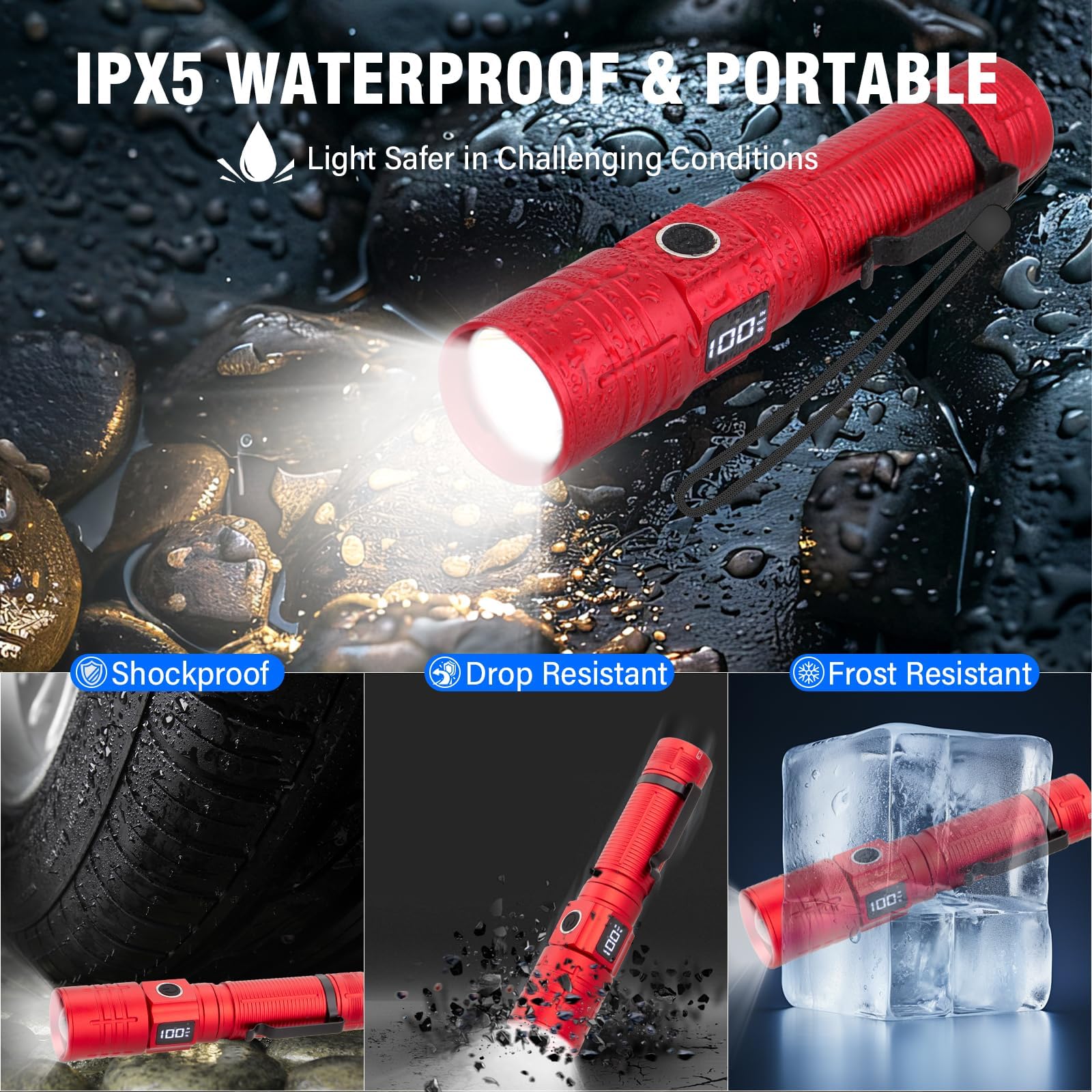 NetCan LED Flashlight, High Lumens, Rechargeable, Waterproof, 6 Modes, Aluminum, 2 Red, Black, Model K2312
