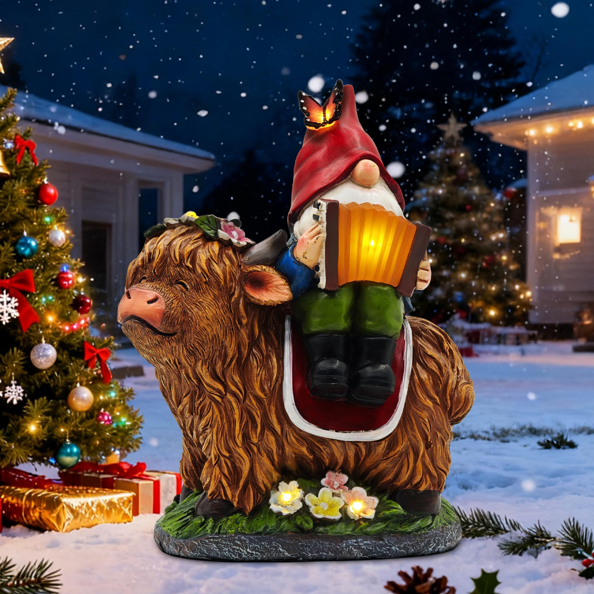 Cffownug Christmas Garden Gnomes Outdoor Statues: 8 Solar Light Gnome Decor On Highland Cow Play The Accordion Unique Birthday Gifts For Women Mother Grandma