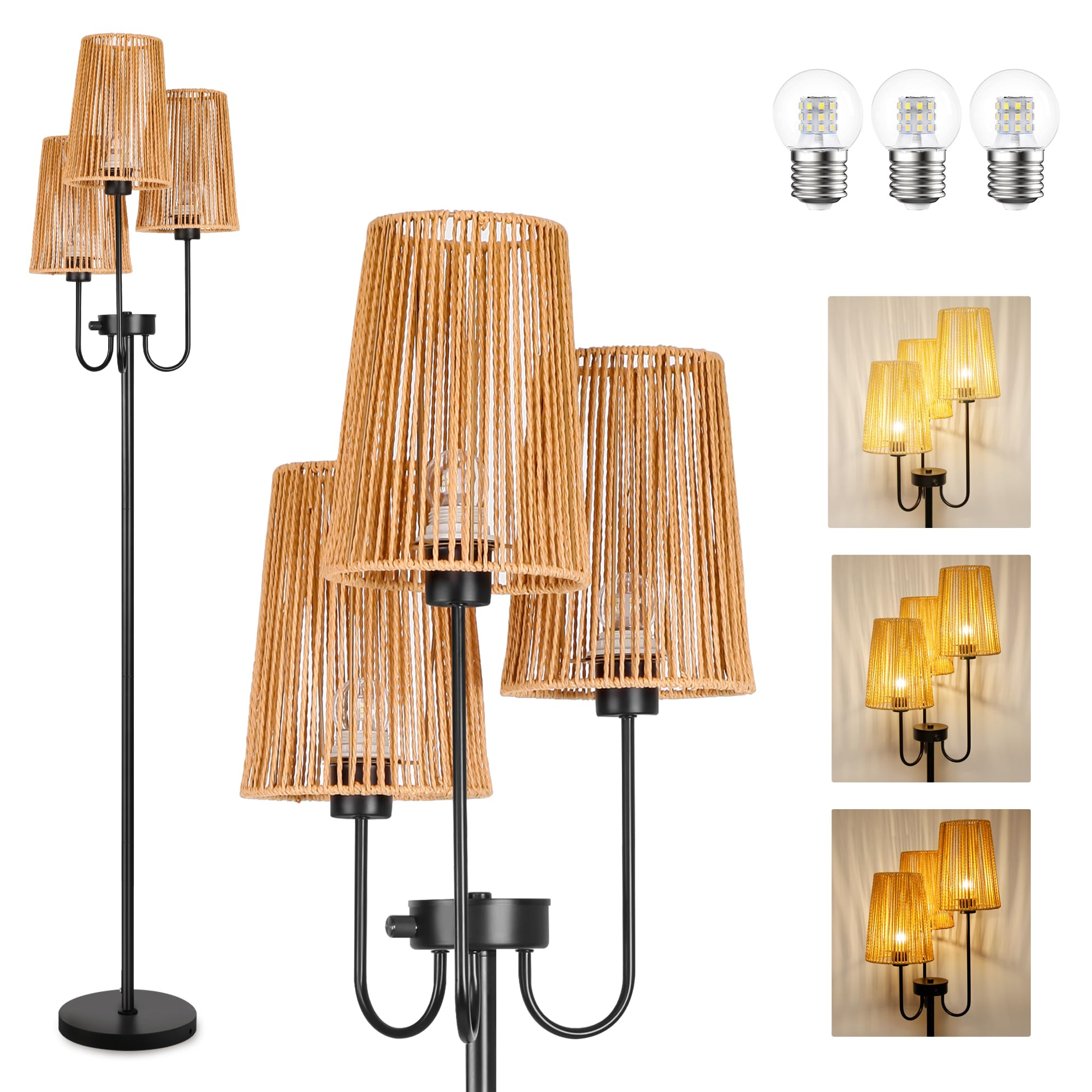 MKPAEI Boho Floor Lamp, Dimmable Farmhouse Floor Lamp with 3 Elegant Rattan Cage Shade and 7W LED Bulbs, 65'' Rustic Tree Tall L