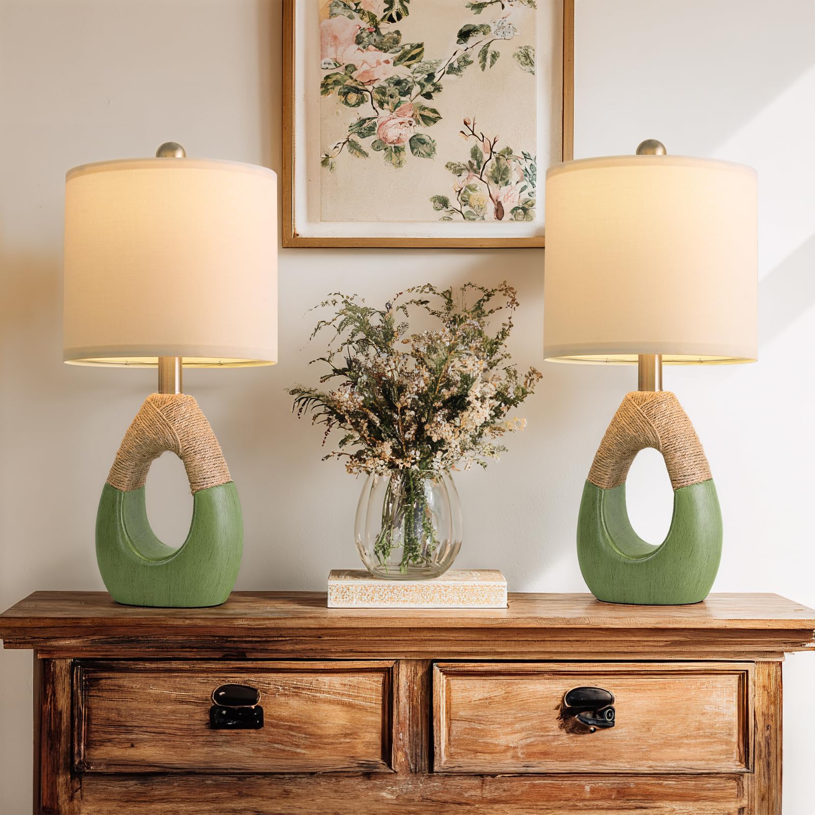 OYEARS 19 Table Lamps Set of 2  Bedside Lamps for Living Room  Lamps for Bedroom  Farmhouse Rattan Table Lamp  Small Space Nightstand Lighting  Rustic Home Office Decor (Green  Bulb Not Included)