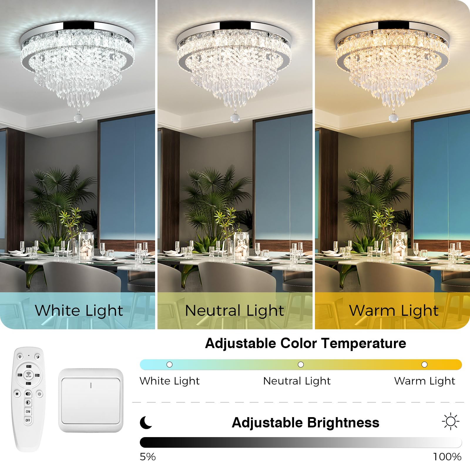 RHEAFON Dimmable Crystal Chandelier, Modern LED Flush Mount Light, 19.7 Inch, Silver and Chrome, Remote & APP Control, Model KY-MC010-DMA