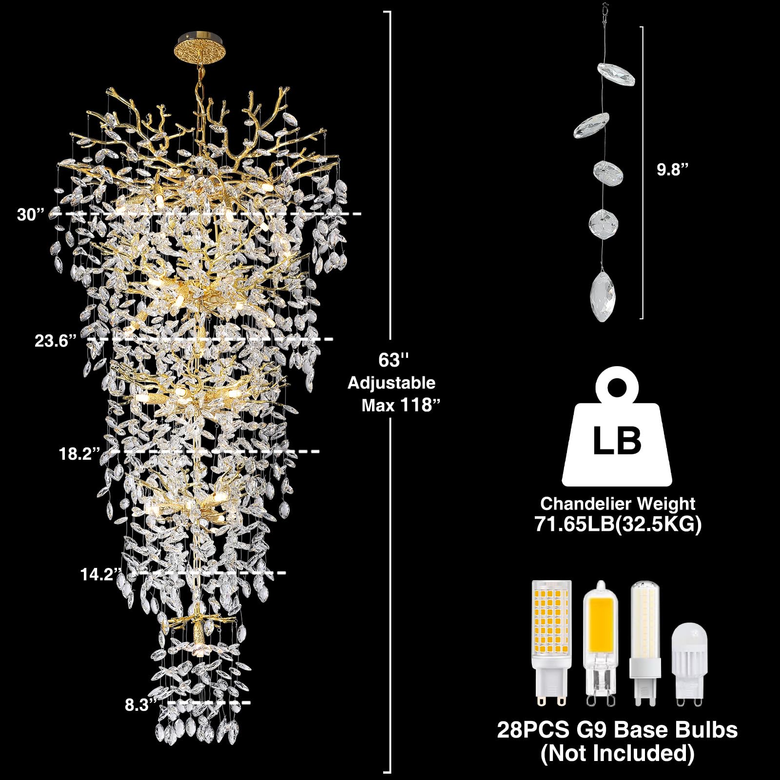 YUYI 63'' Gold Crystal Chandelier, 28-Light K9 Raindrop Fixture for High Ceilings, Modern Design for Foyer, Living Room, Staircase