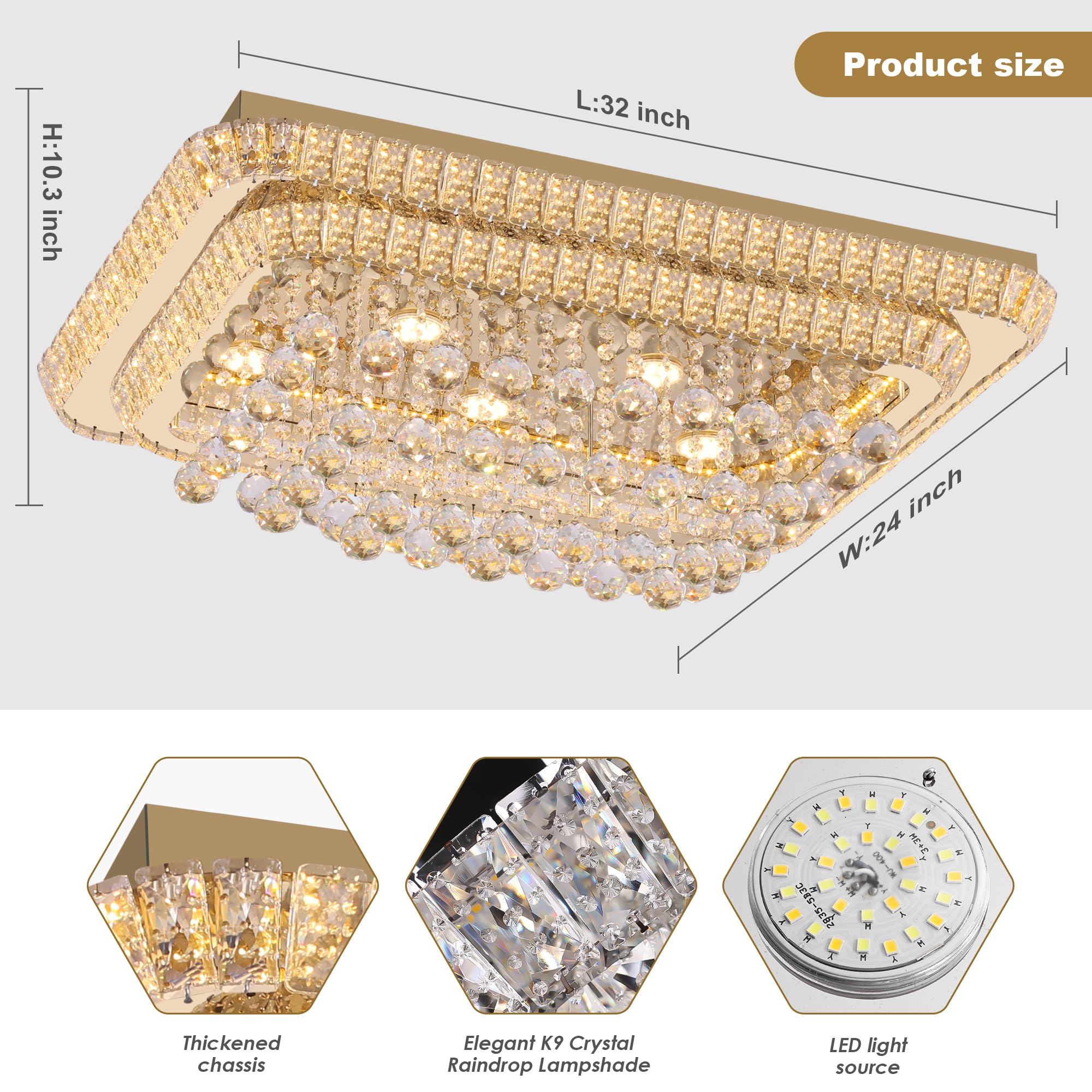 32 inch Crystal Flush Mount Chandelier, Modern Raindrop Crystal Gold Chandeliers with Remote and APP, 3 Colors Temp & Brightness