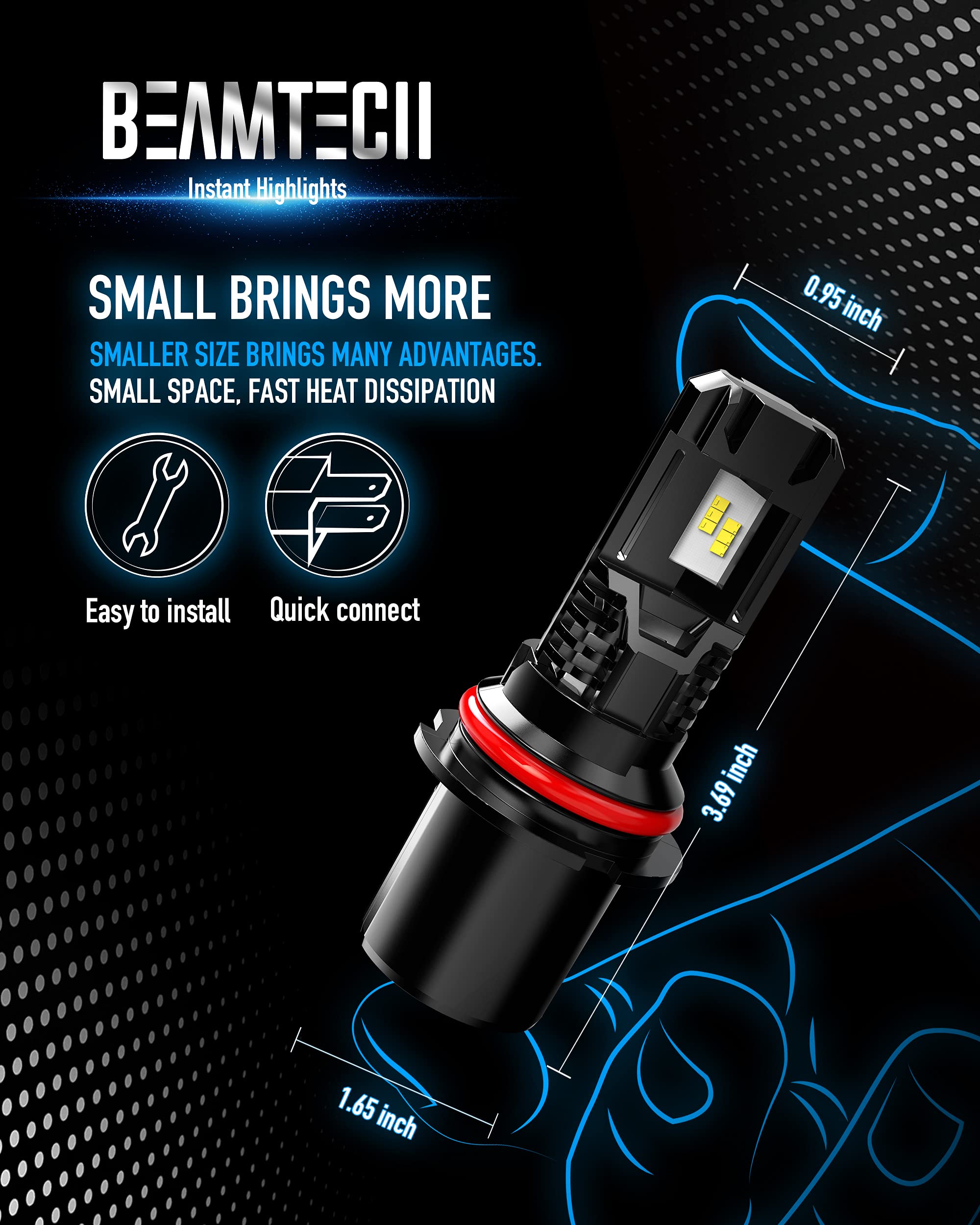 BEAMTECH 9007 LED Headlight Bulb - 12000LM 60W Fanless, HB5 Halogen Replacement, 6500K Xenon White, Aluminum Construction