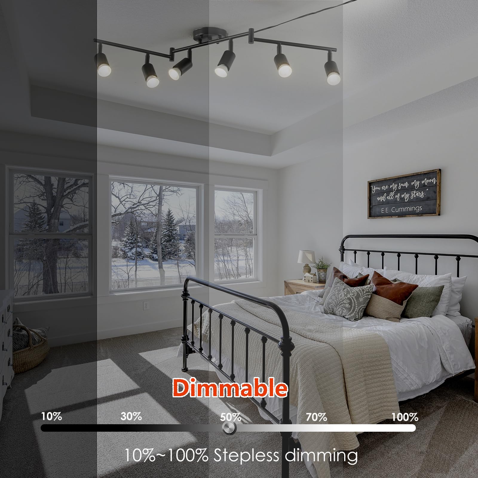 Vivihobb Dimmable Plug In Track Light Black 6 Light Plug In Ceiling Lighting Fixture With 16.4 Long Cord 6 Way Ceiling Spotlight Rotatable Wall Mount Light Head Led Dimmable Spot Bulbs Included