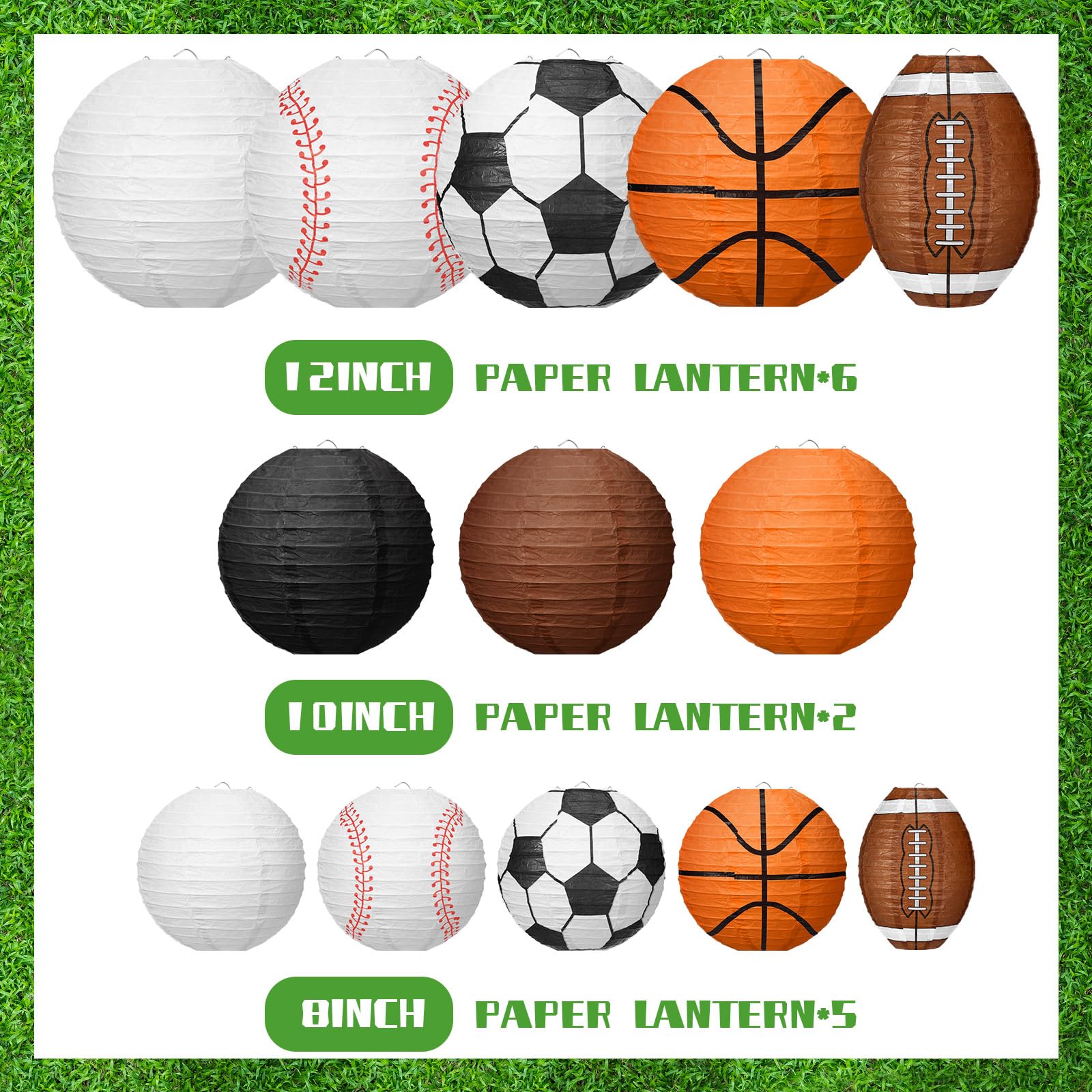 Bencailor 13 Pcs Sports Paper Lanterns - Multicolor Soccer, Baseball, Football, Basketball for Birthday Party Decoration