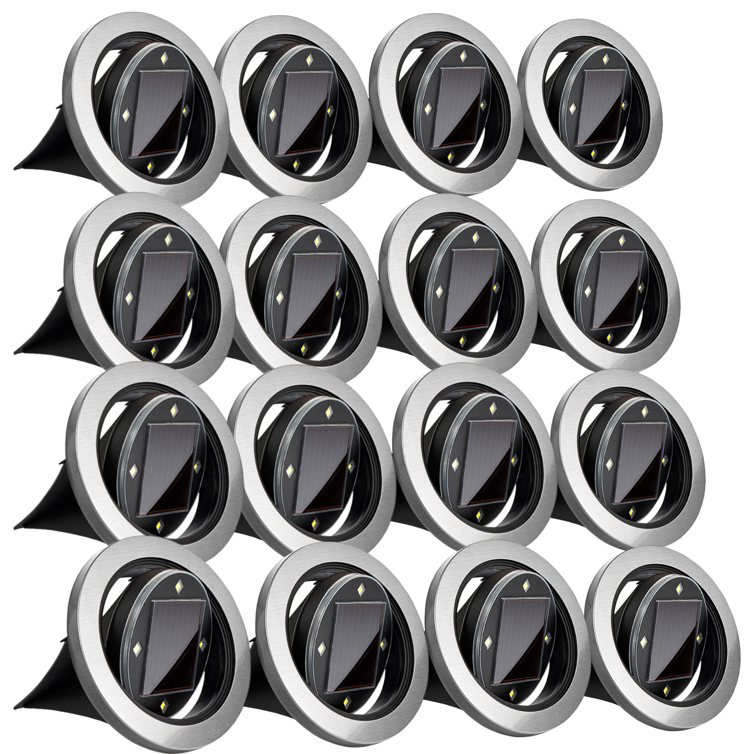 Bell+Howell Swivel Disk Lights - Solar-Powered 8-LED Landscape Lighting, Stainless Steel, Set of 16, Silver