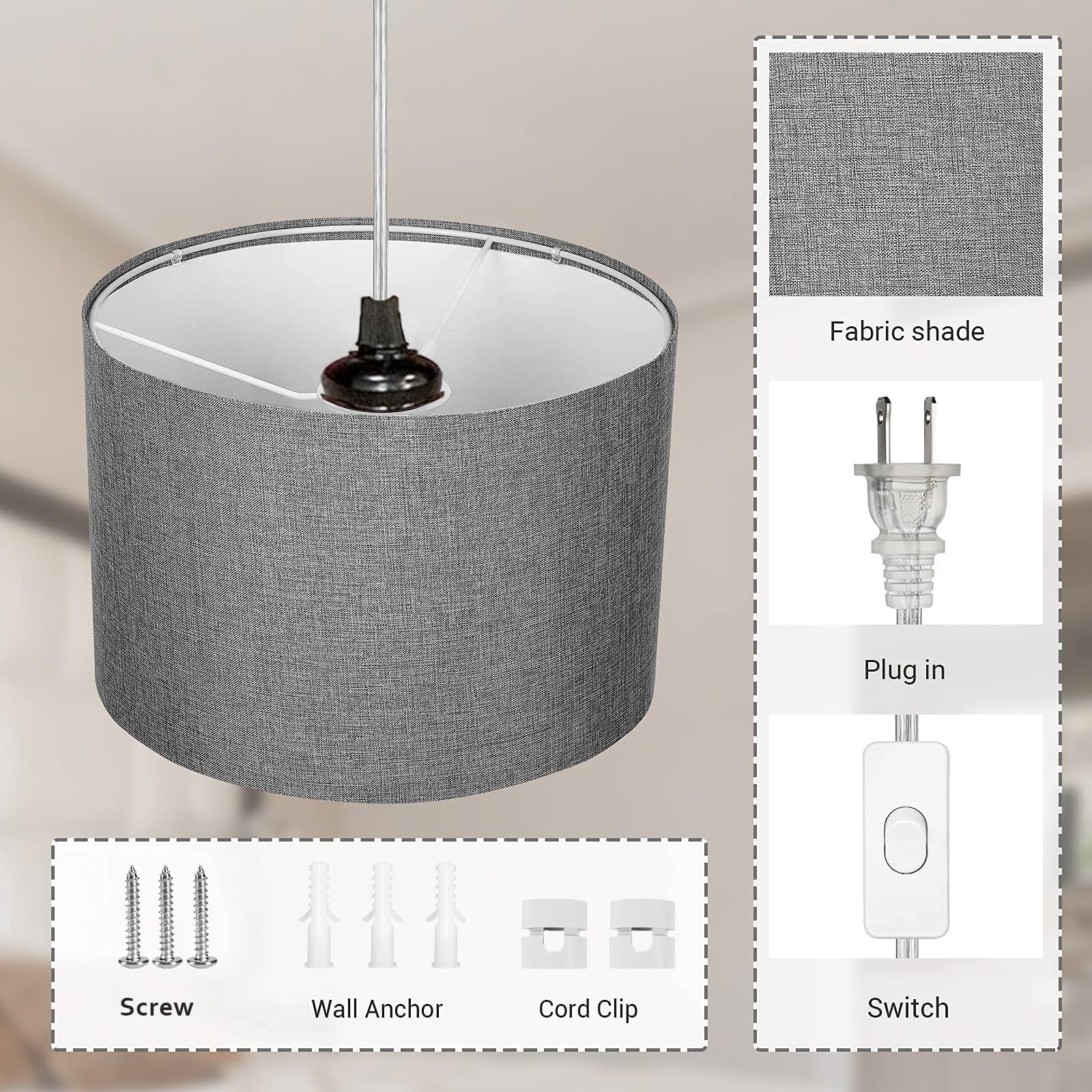 Zslaifu 15Ft Hanging Lamp With Switch,Gray Hanging Lights With Plug In Cord, Pendant Lamp With Remote Control, Bulb Included, Pe