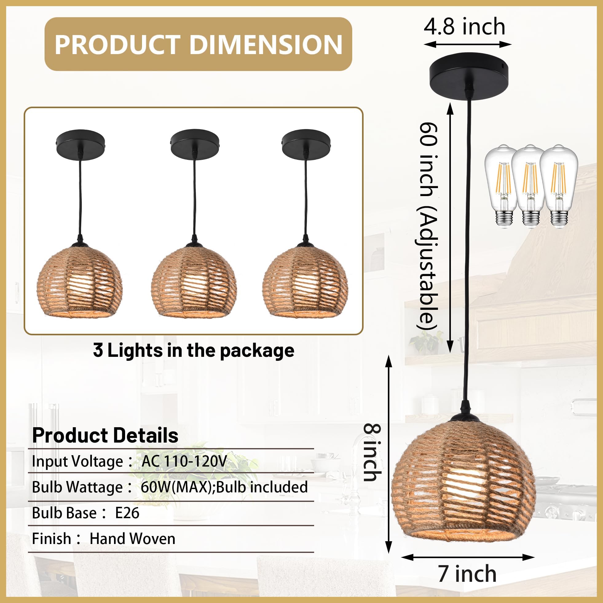 Ayshwilldec 3-Pack Woven Pendant Light, Boho Chandelier, Hemp Rope, Rustic For Dining Room & Kitchen